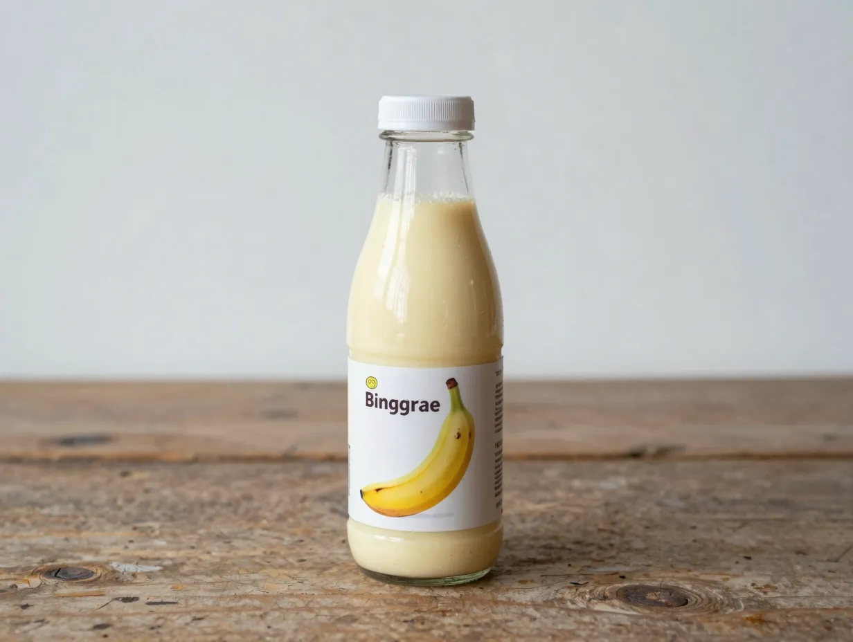 Iconic yellow banana milk bottle on rustic wooden surface