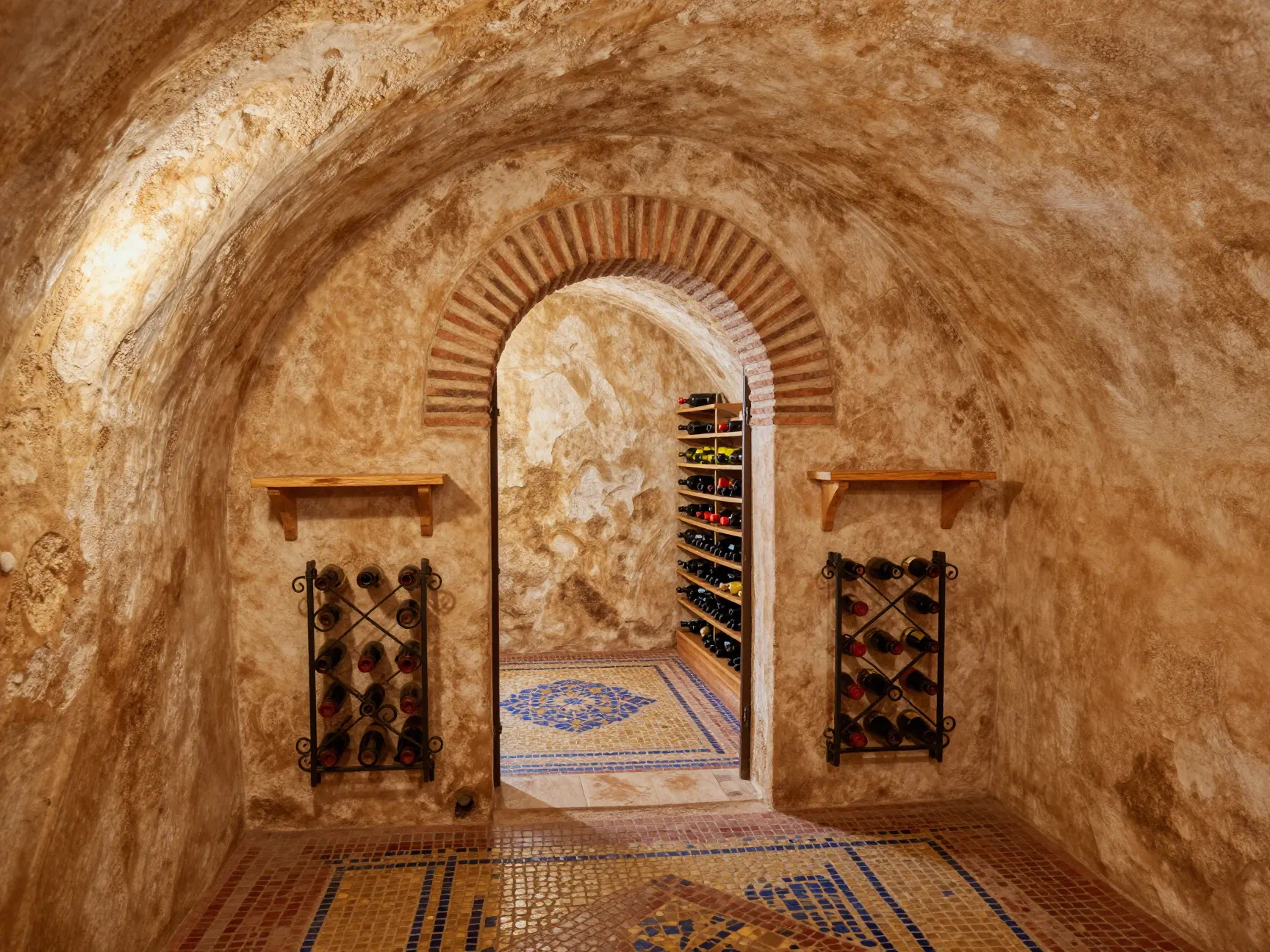 Mediterranean grotto cellar with hand troweled plaster arches