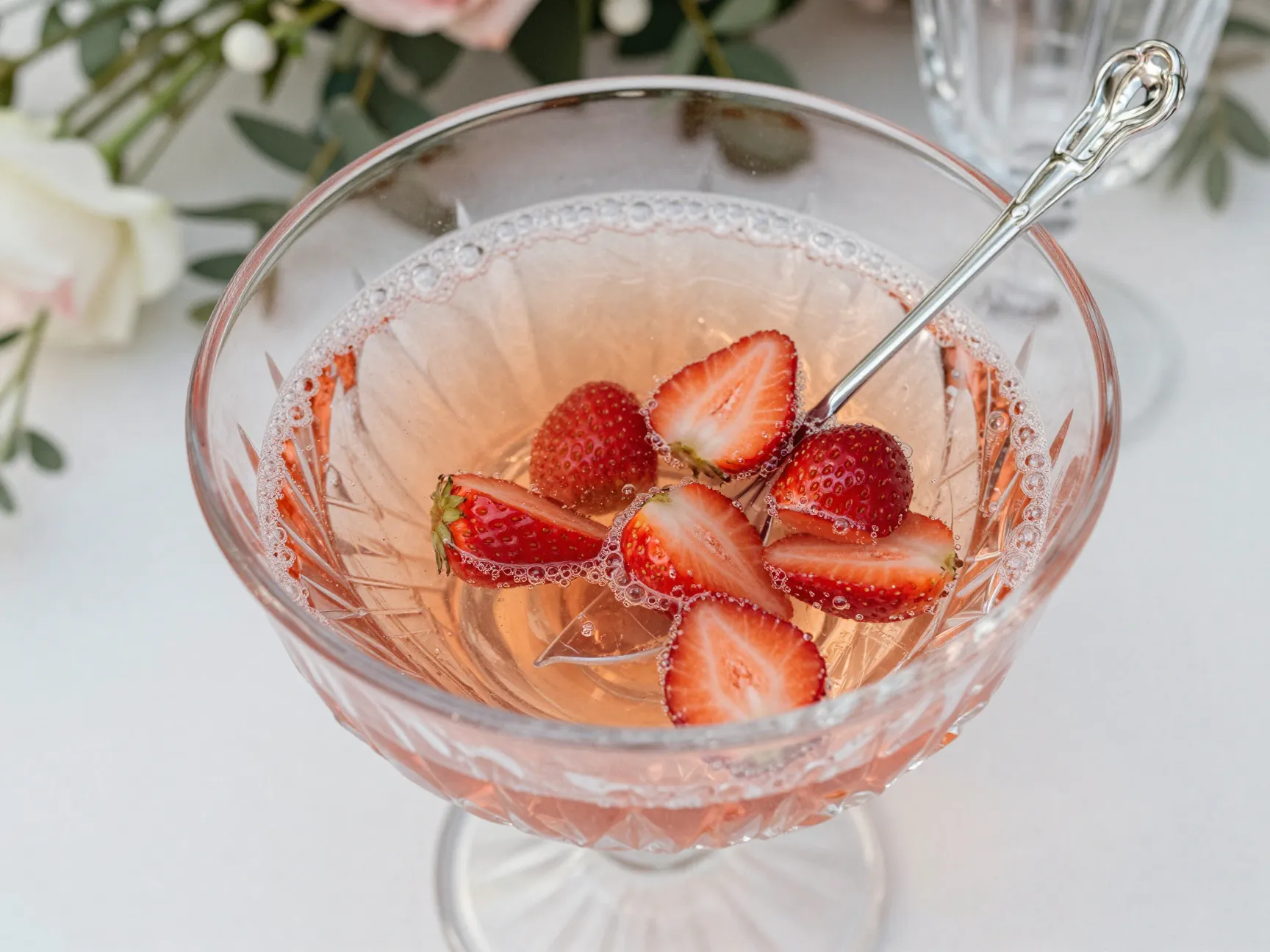 Elegant strawberry elderflower rose punch in a glass bowl