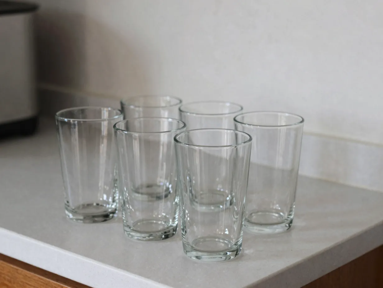 Four simple clear glass tumblers on a small kitchen countertop