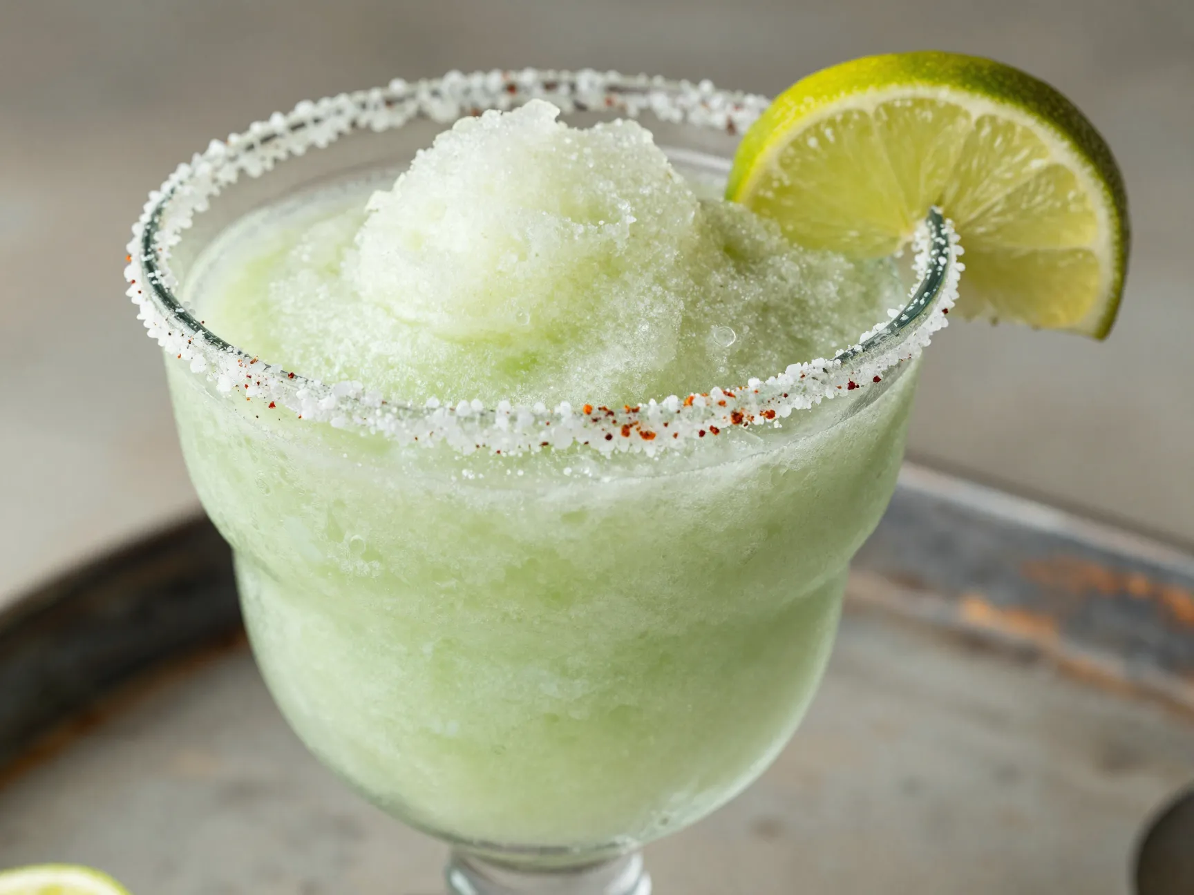 Frozen margarita slushie in glass with chili salt rim lime wedge