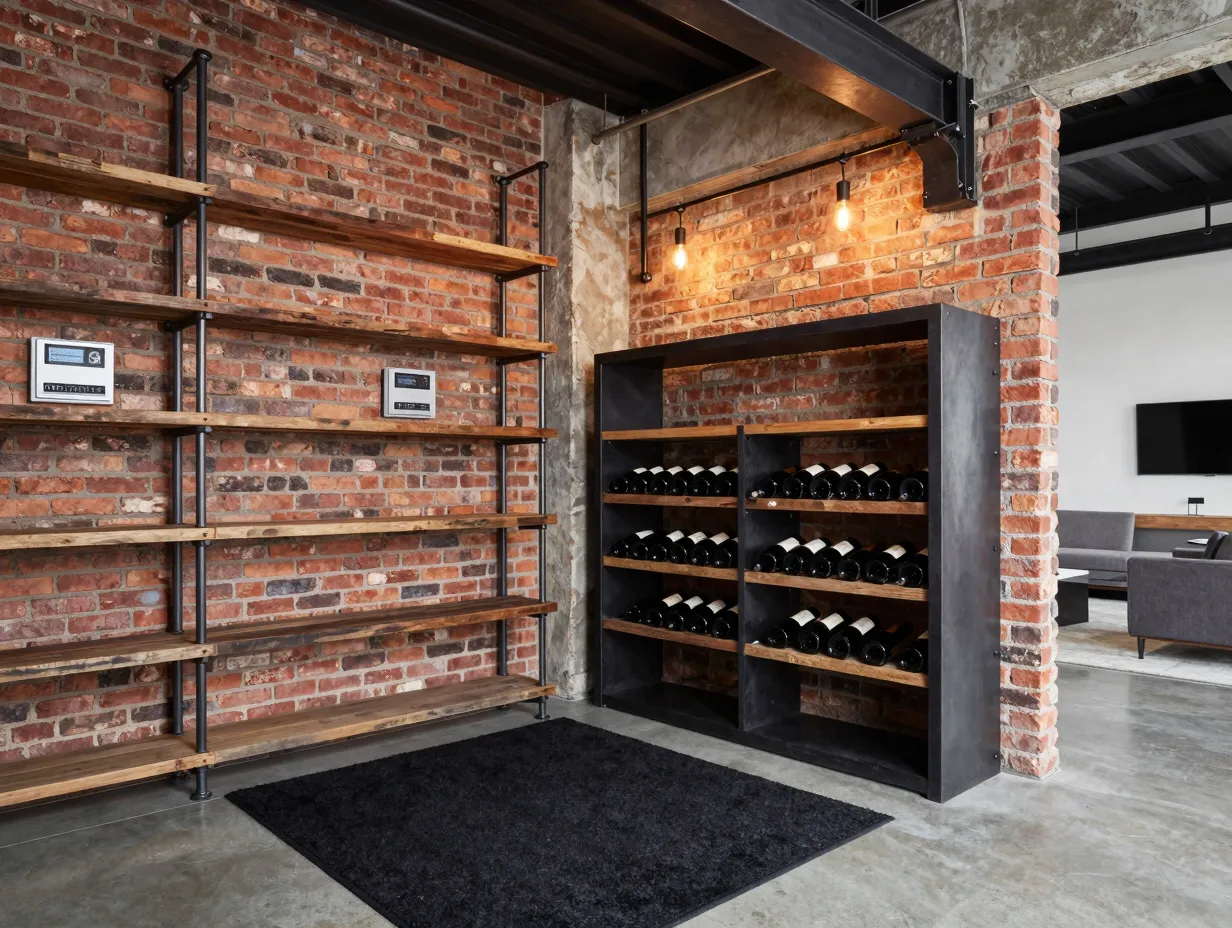 Industrial rustic hybrid cellar with exposed brick and steel
