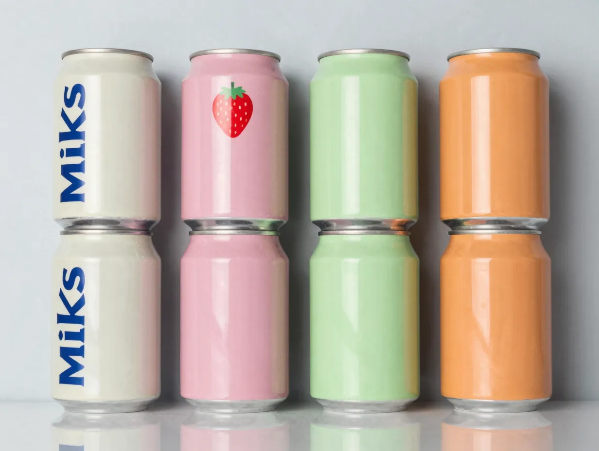 Pastel colored milkis cans arranged on a reflective surface