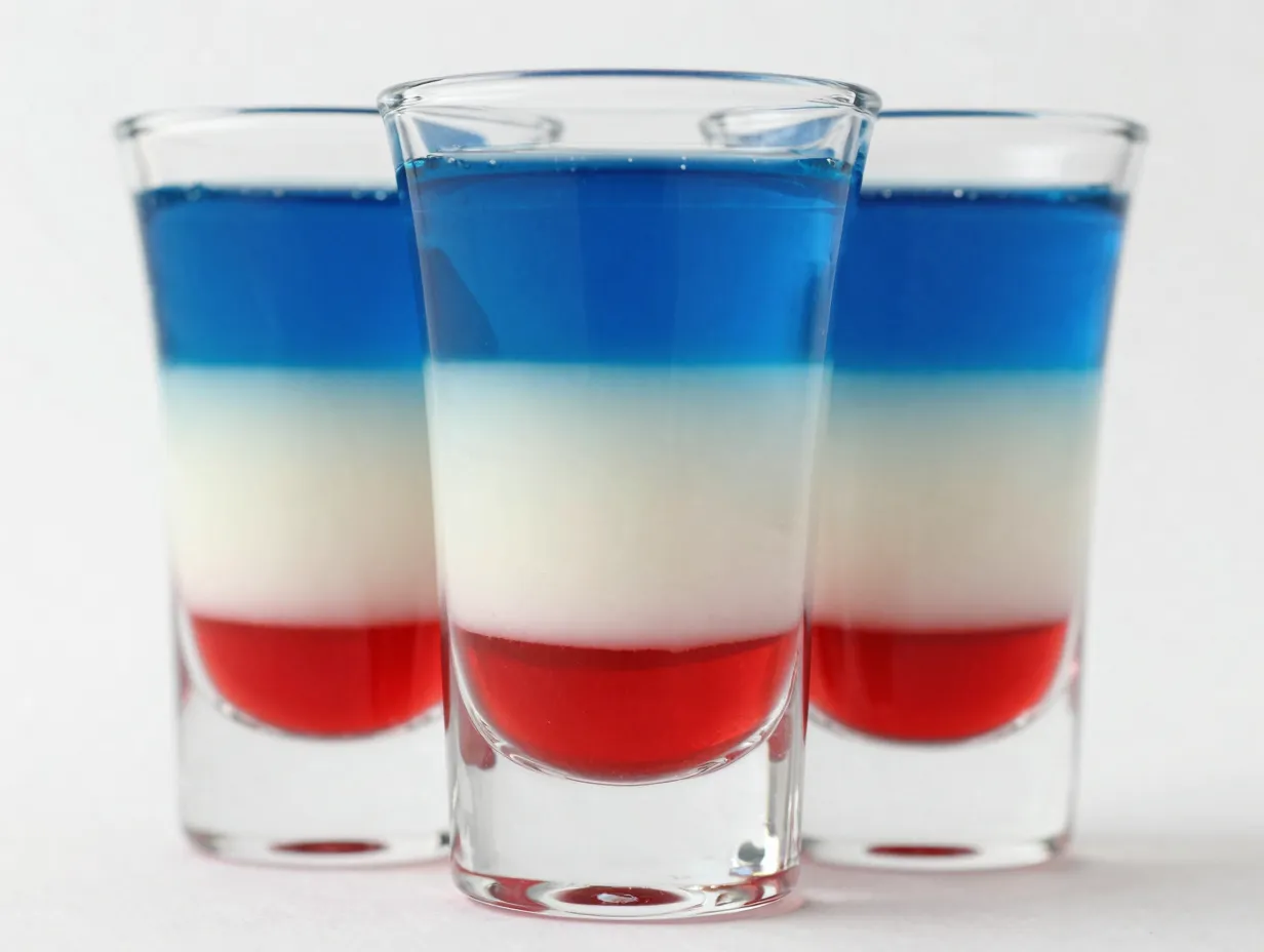 Red white blue layered drink clear shot glass density