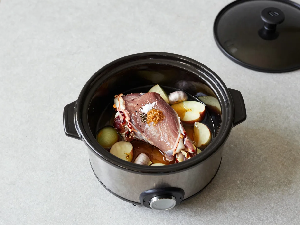 Simple apple cider pork cooking in a slow cooker all day