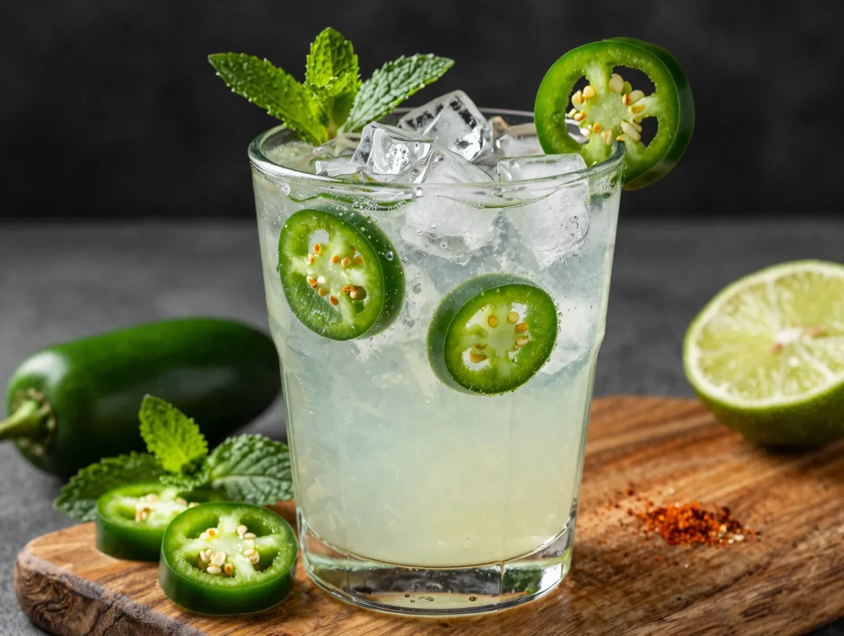 Spicy jalapeno mojito glass with green slices