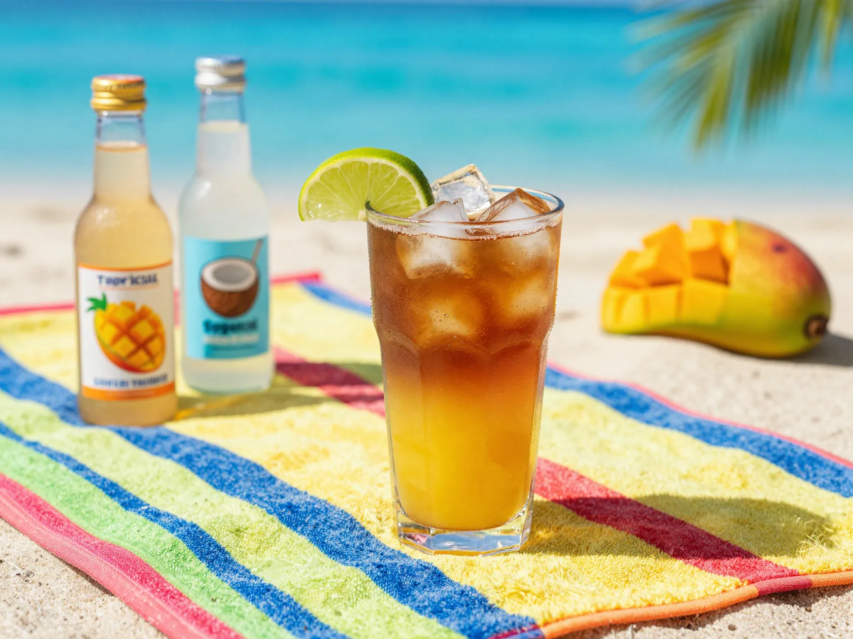 Tropical mango coconut dirty diet coke with lime garnish