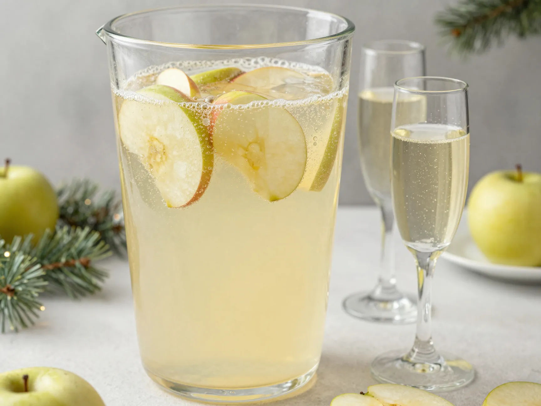 Apple prosecco punch with vodka in a large glass pitcher