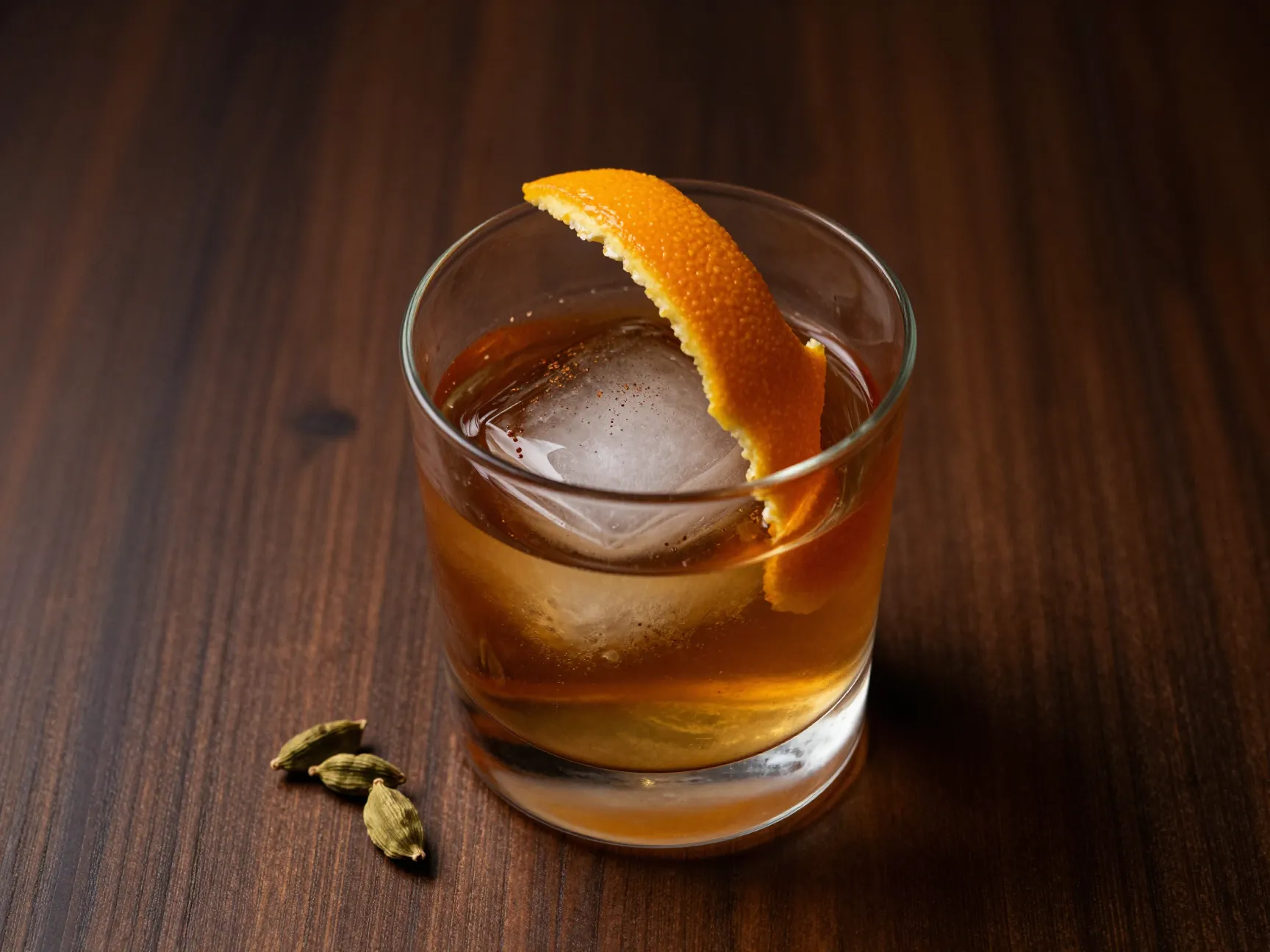 Chai old fashioned cocktail with cardamom pod on wood