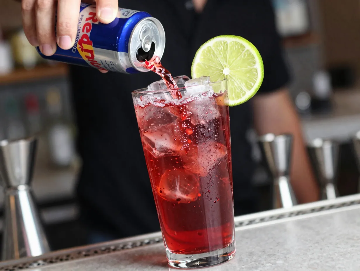 Red bull cranberry energizer cocktail highball ice lime