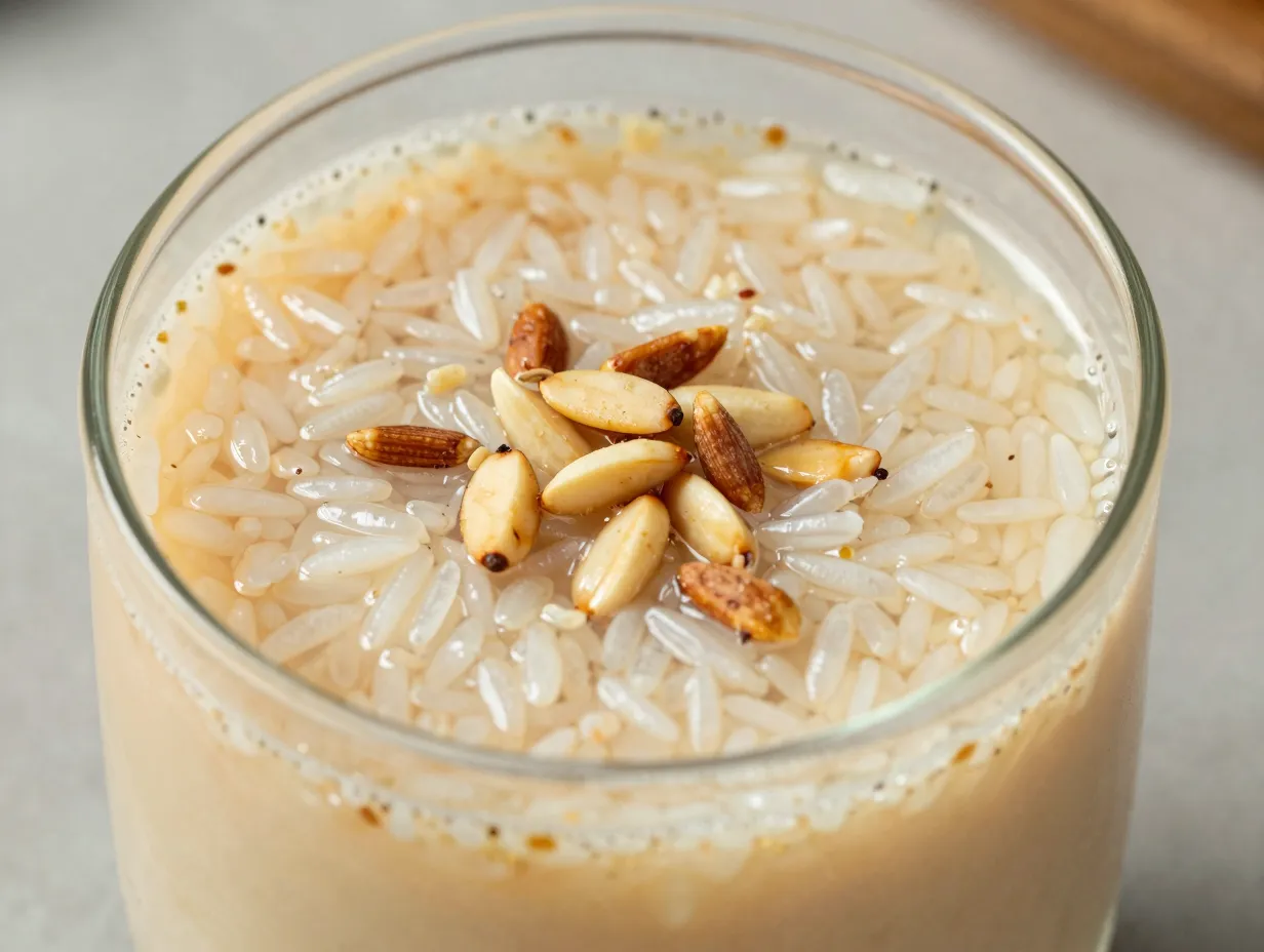 Traditional sikhye with floating rice grains and pine nuts