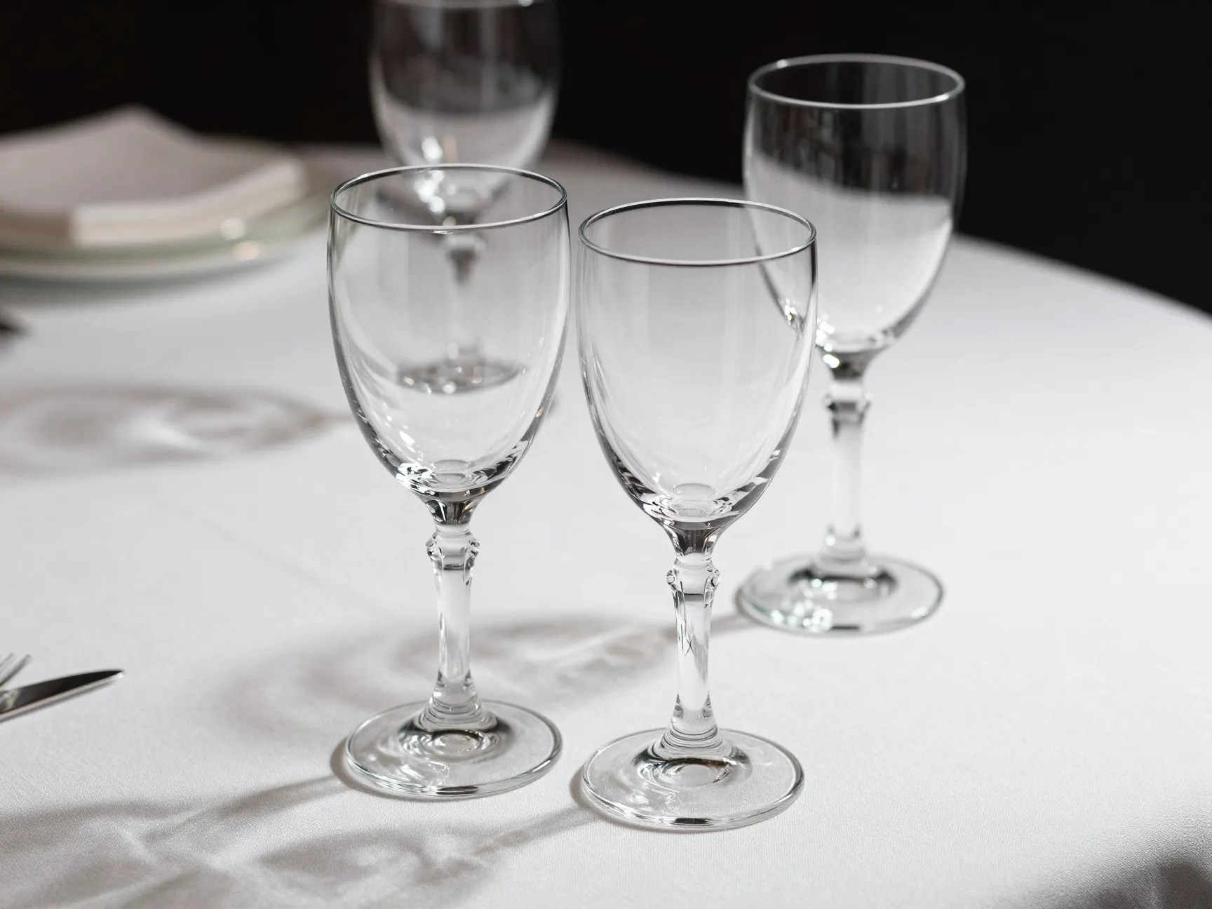 Two elegant crystal water glasses on formal white linen tablecloth