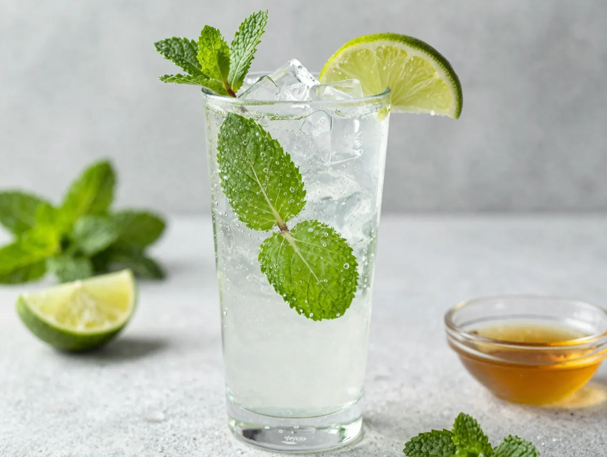 Virgin mojito glass with sparkling water mint