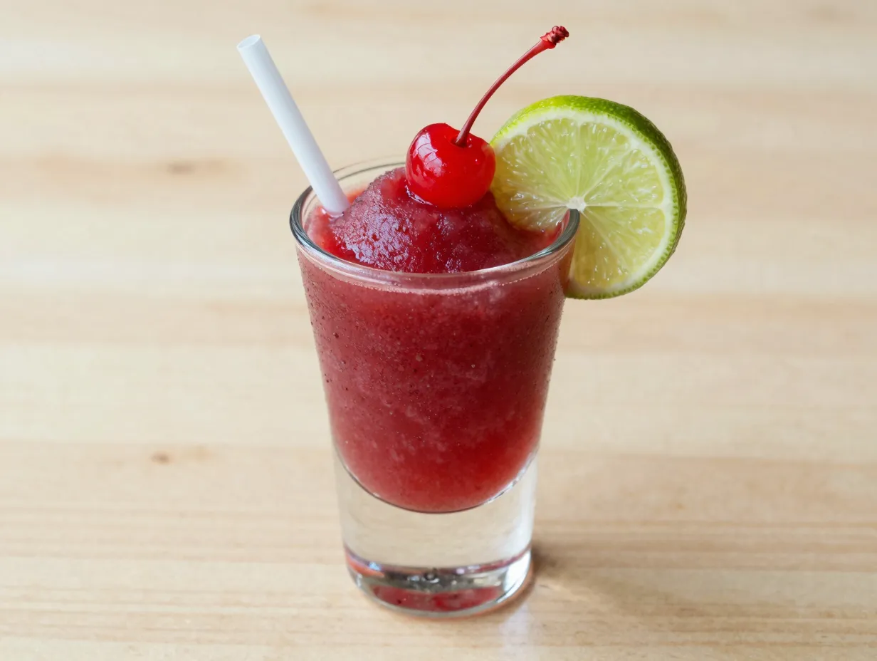 Cherry limeade slushie with maraschino cherry lime wheel garnish