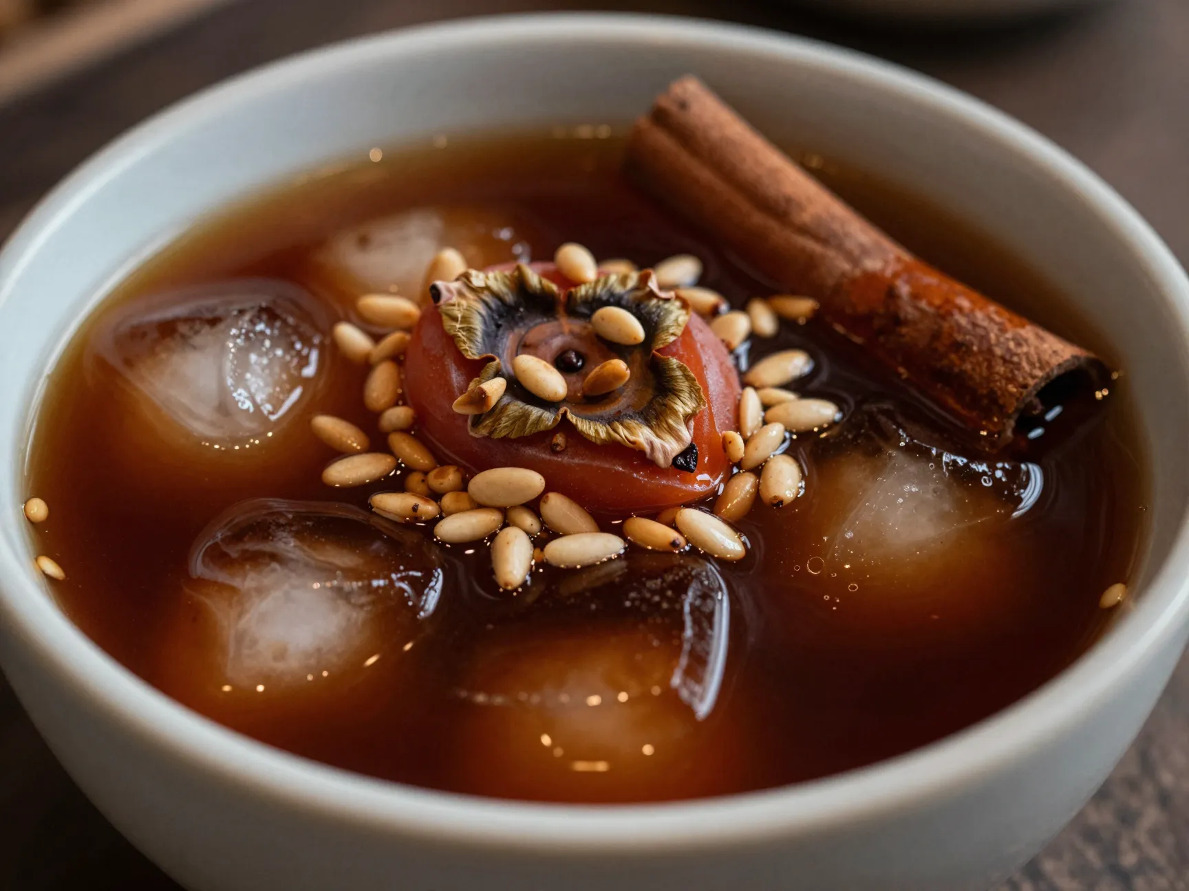 Dark mahogany sujeonggwa punch garnished with pine nuts