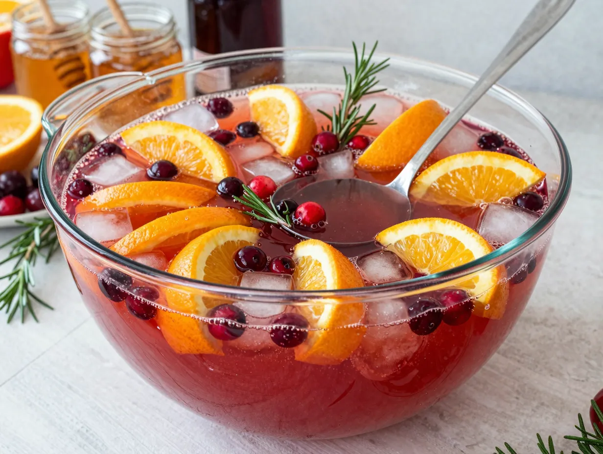 Non alcoholic sparkling cranberry punch in large bowl