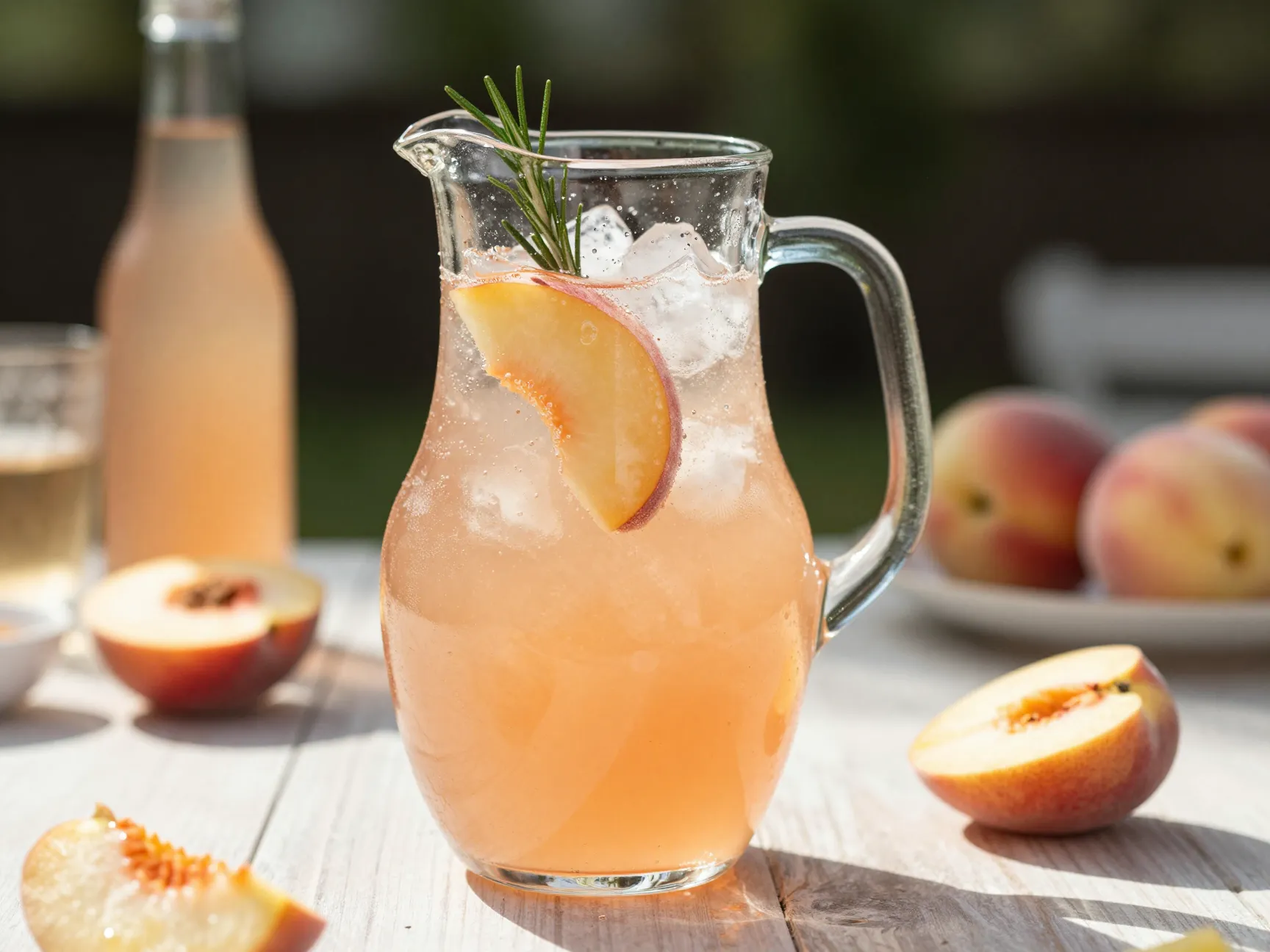 Peach punch with rose wine and soda in a summer pitcher