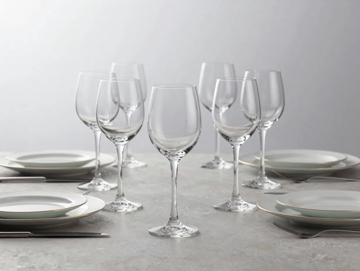 Six precise elegant water glasses on a sophisticated dining place setting