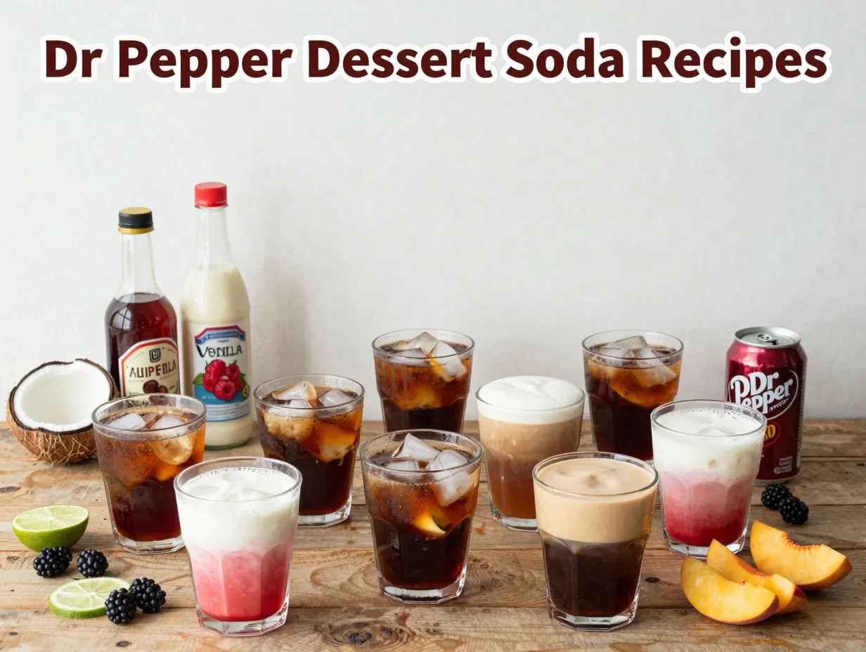 Eight dr pepper dirty sodas syrup bottles garnishes flat lay