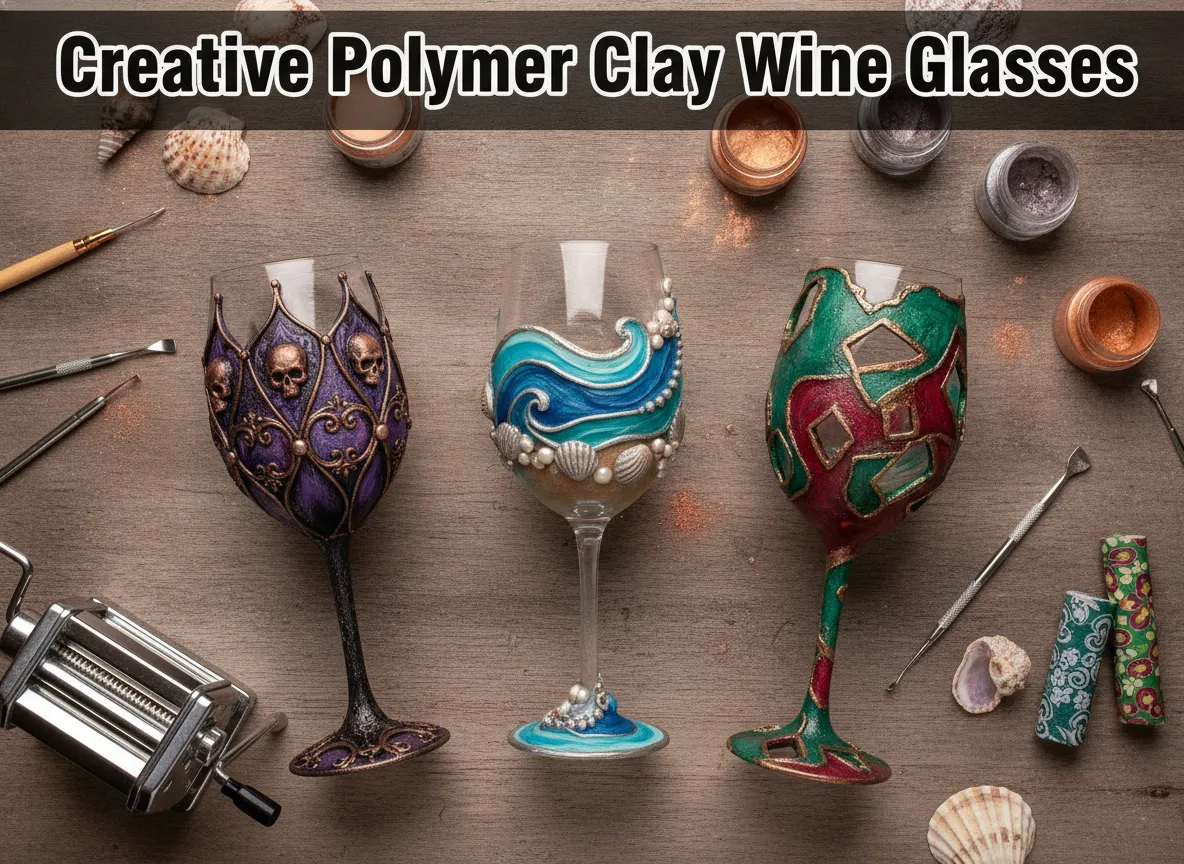 Gothic coastal abstract polymer clay wine glasses studio flat lay