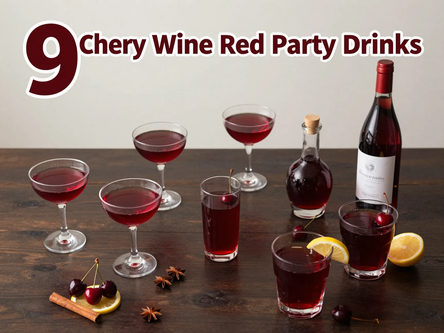 Nine cherry wine red drinks flat lay party cocktail showcase