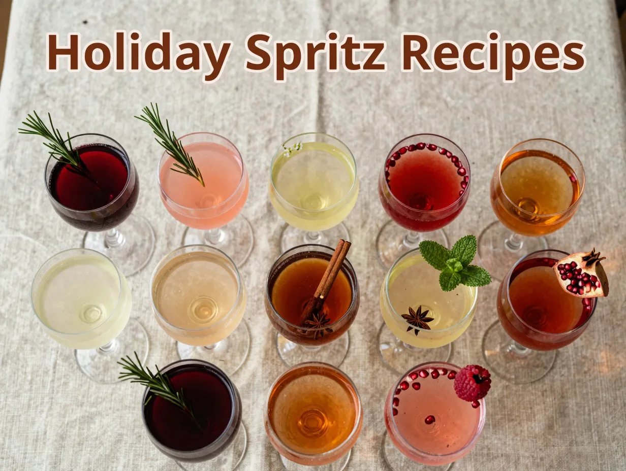 Nine festive holiday spritz cocktails colorful garnishes overhead view