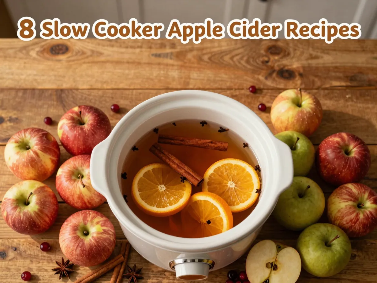 Slow cooker simmering cider autumn apples spices flat lay
