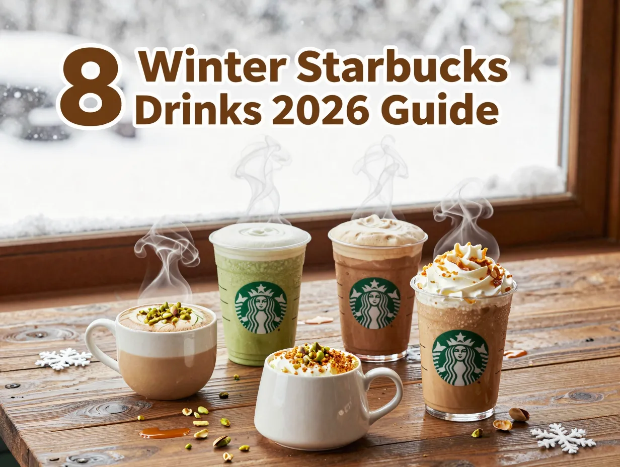 Starbucks winter drinks cozy wood table snowy window