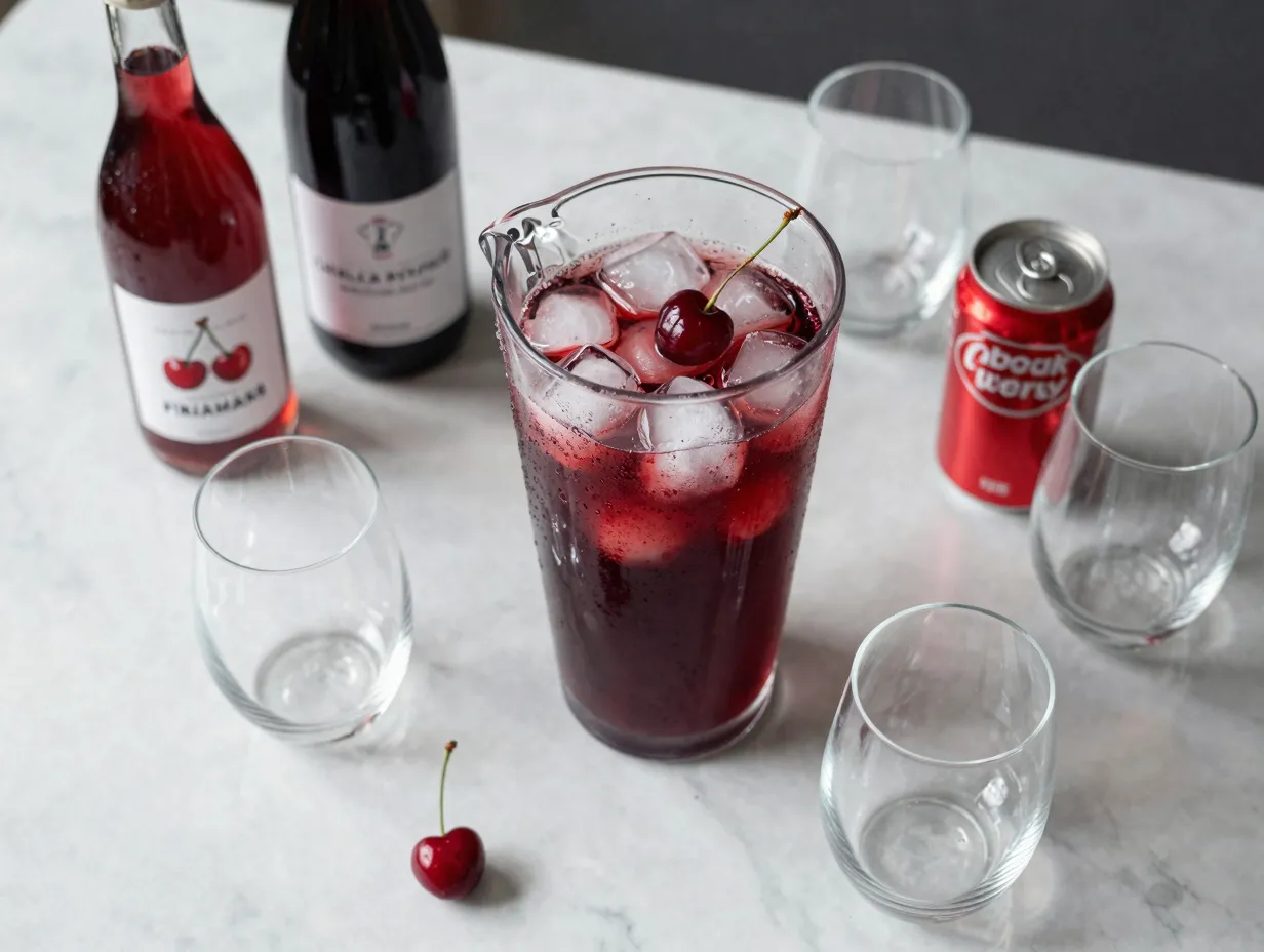 Chilled pitcher of chilean pinot noir cherry soda cocktail with ice and fresh cherry garnish