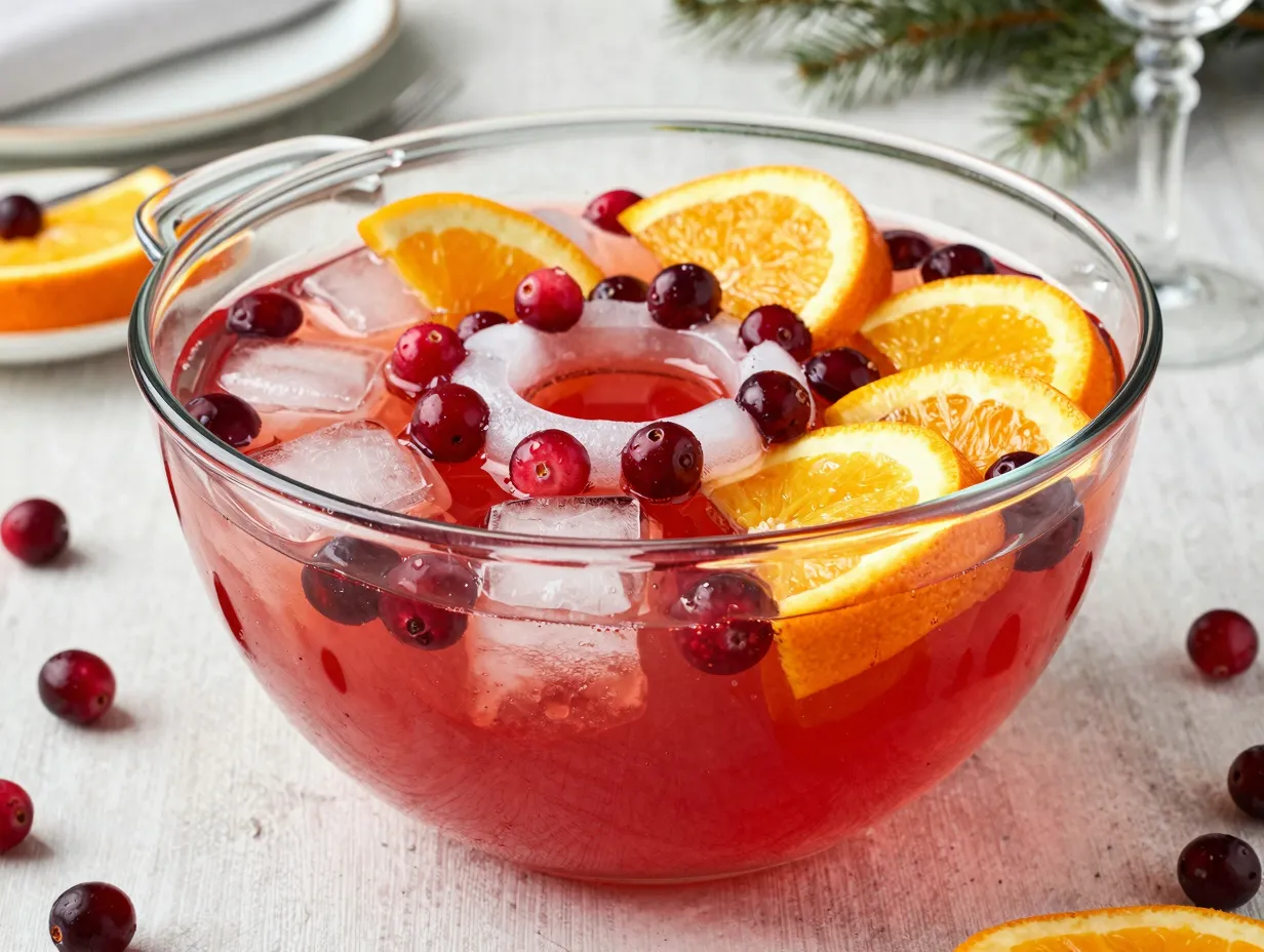 Classic festive cranberry ginger ale punch in a clear glass bowl