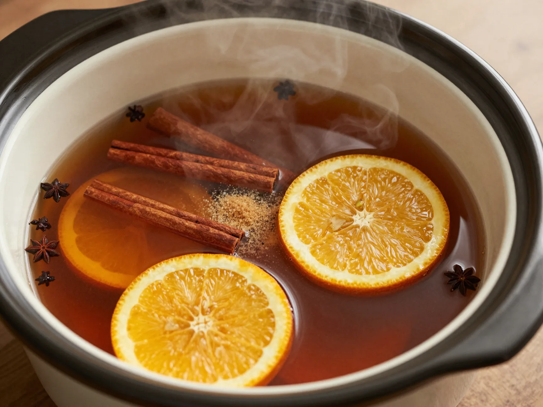 Classic spiced apple cider in slow cooker with cinnamon cloves and orange
