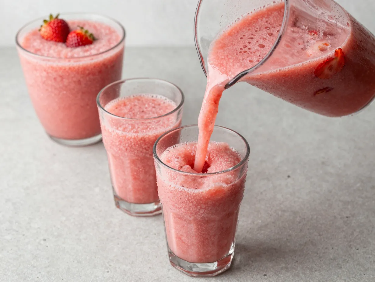 Classic strawberry lemonade slushie in frosty pitcher poured into glasses