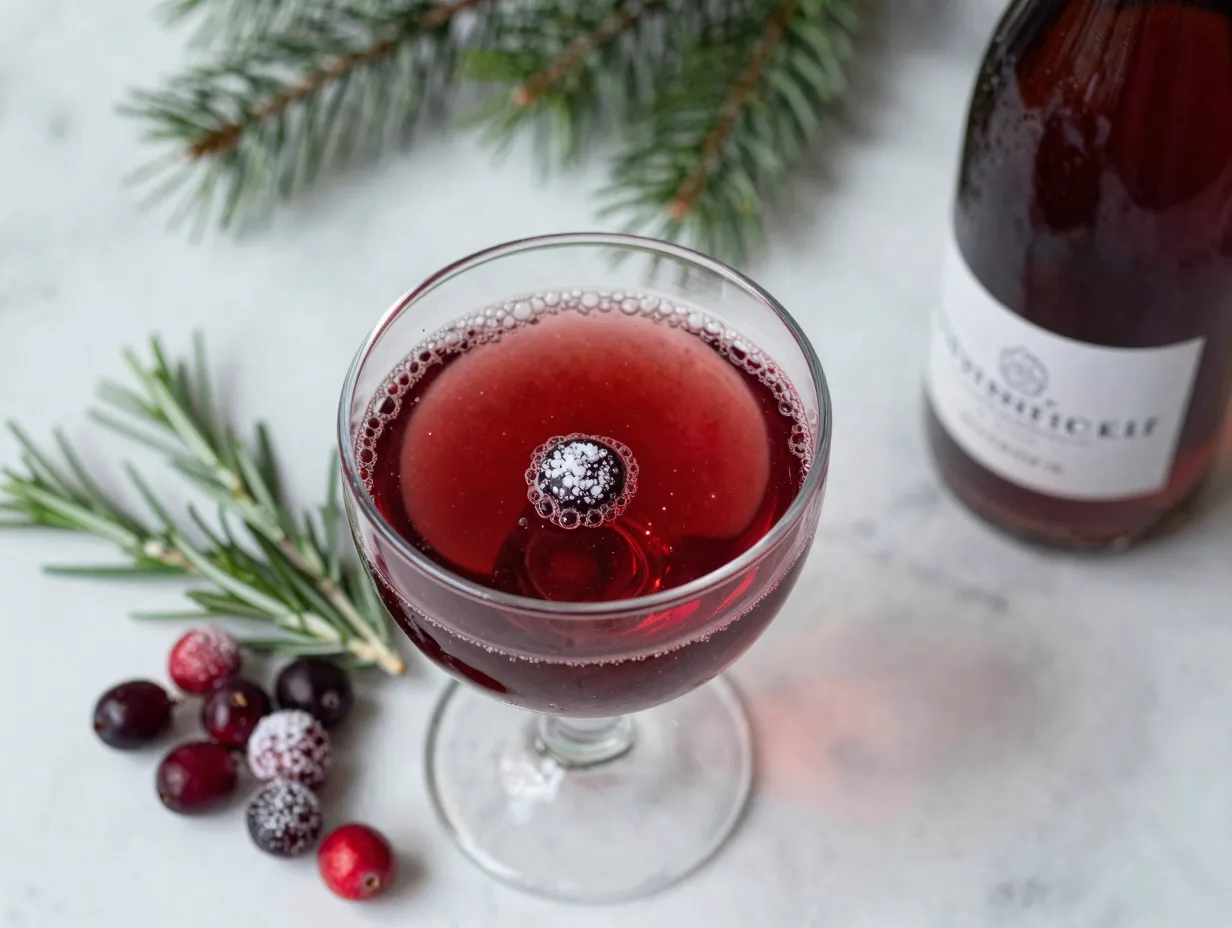 Elegant ruby red sparkling cranberry prosecco punch with sugared garnishes