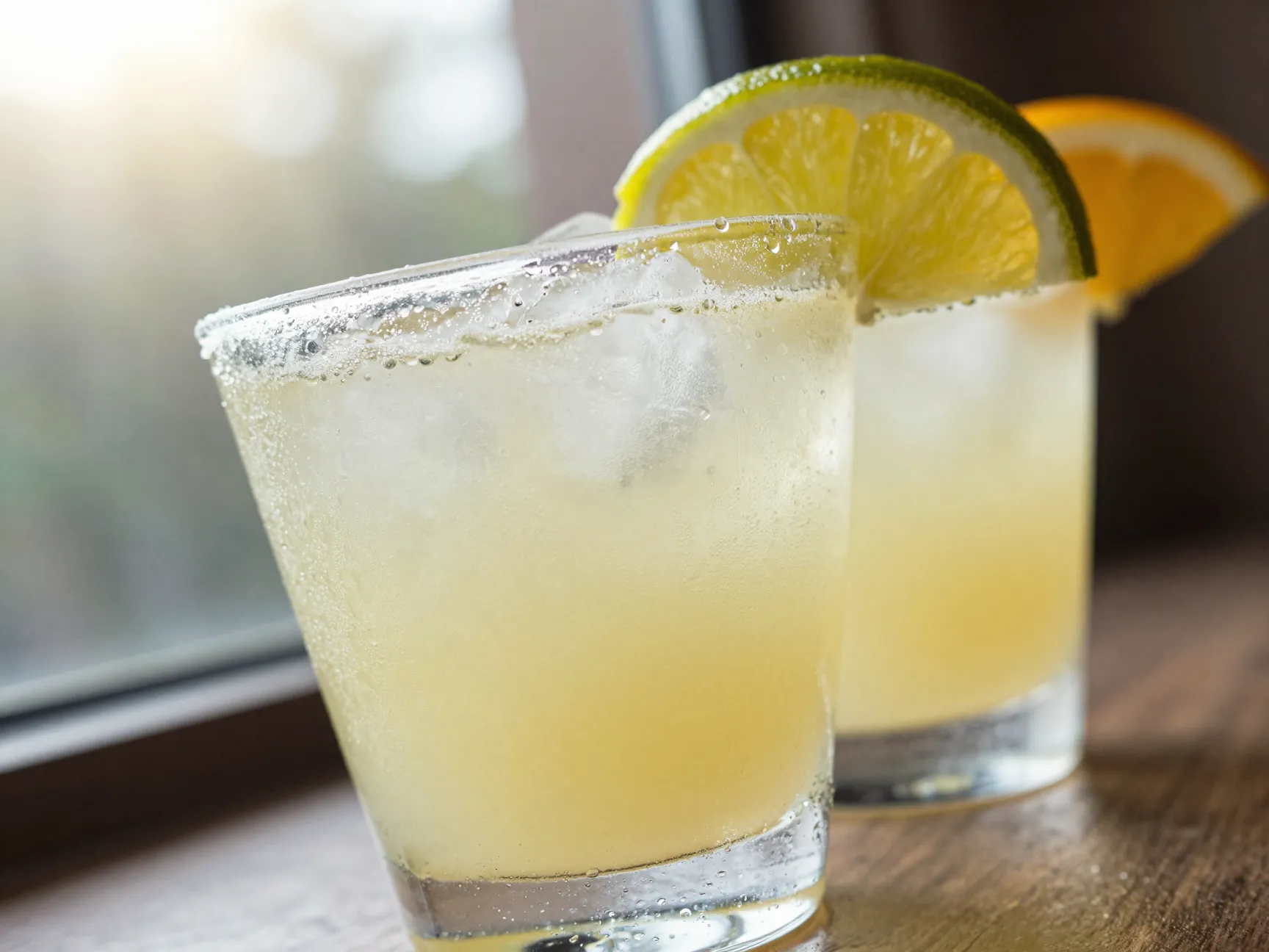 Frosted condensed margarita rocks glass by sunny window with citrus slice