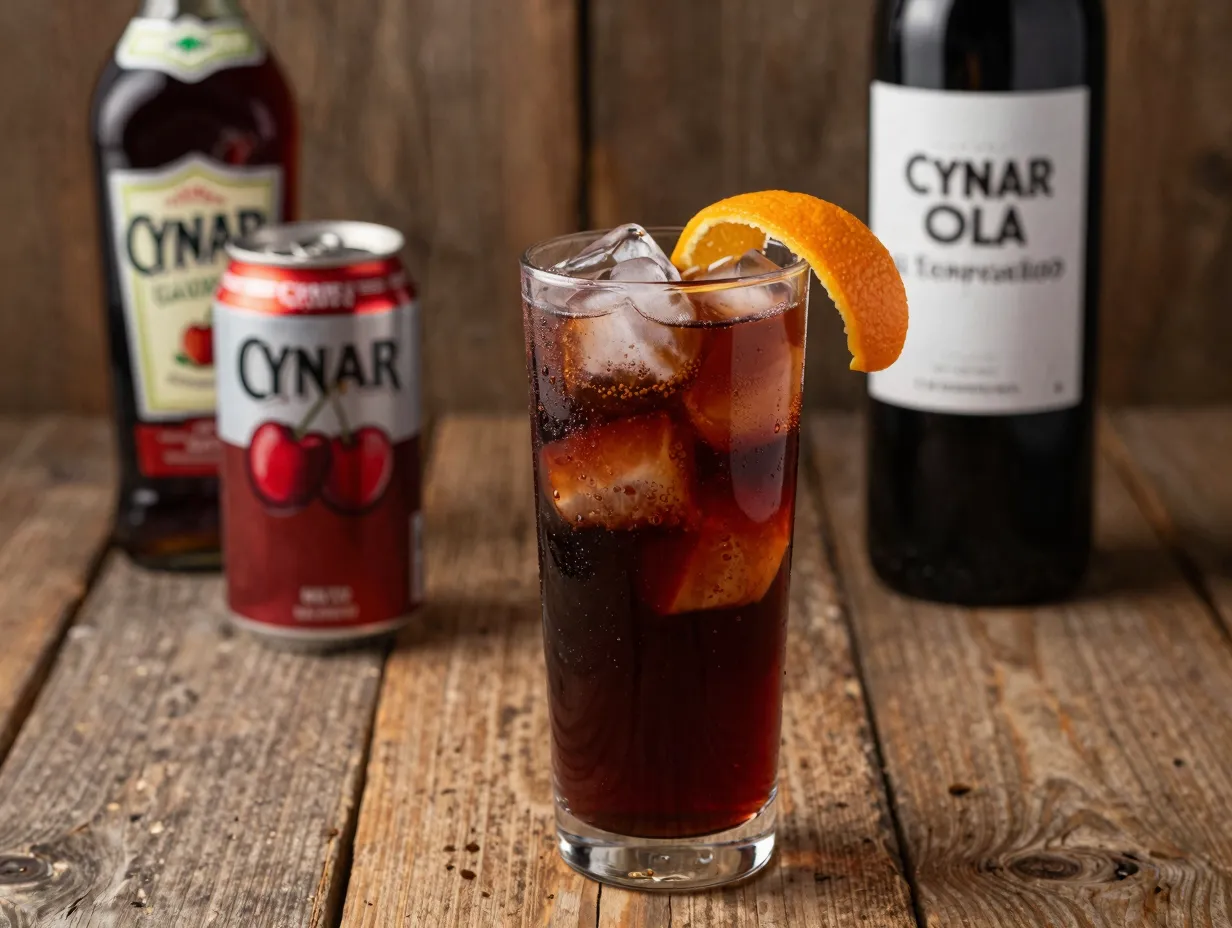 Highball glass filled with cherry cola red wine and cynar cocktail garnished with orange peel