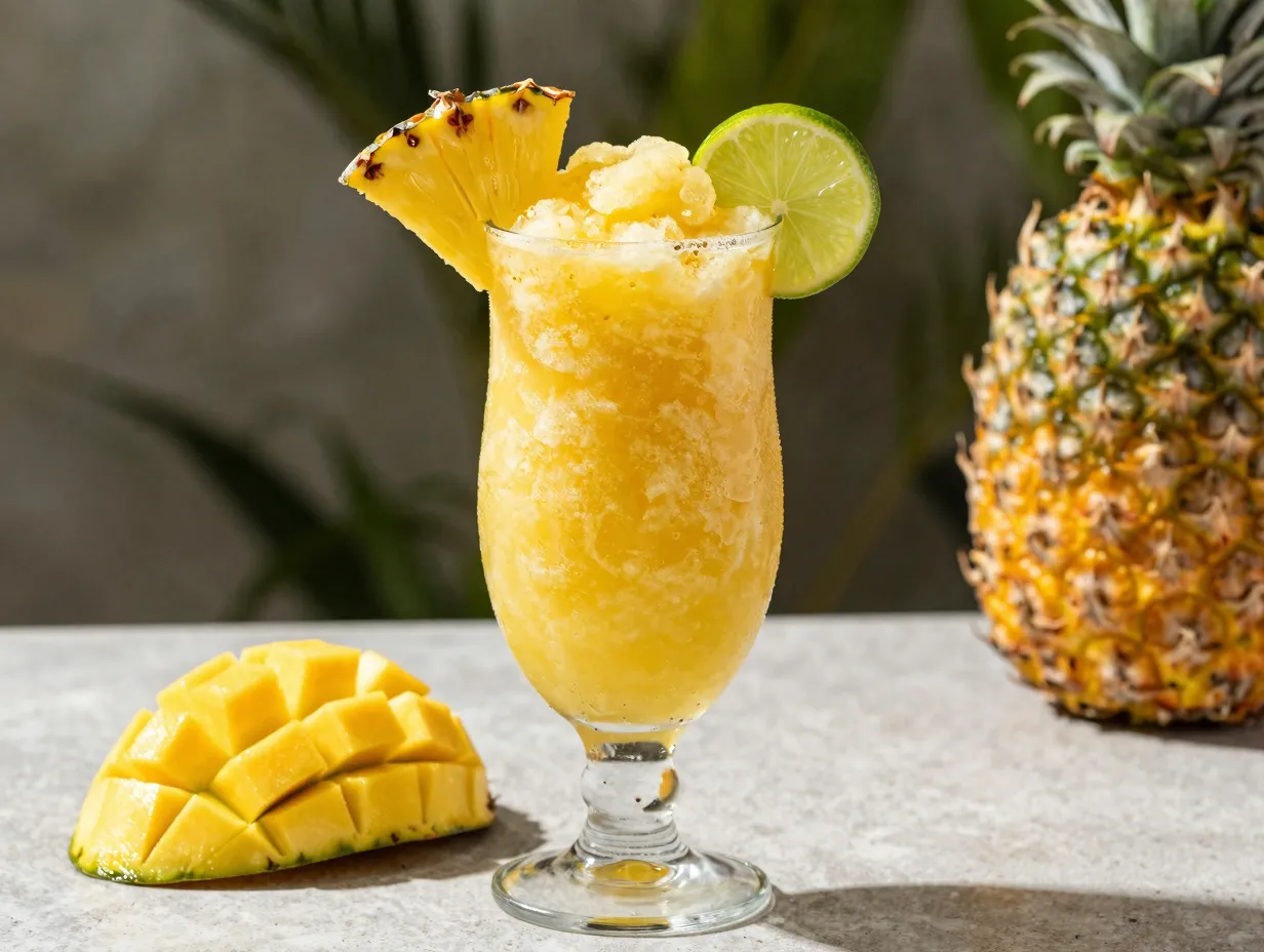 Mango sunshine slushie with pineapple lime tropical presentation