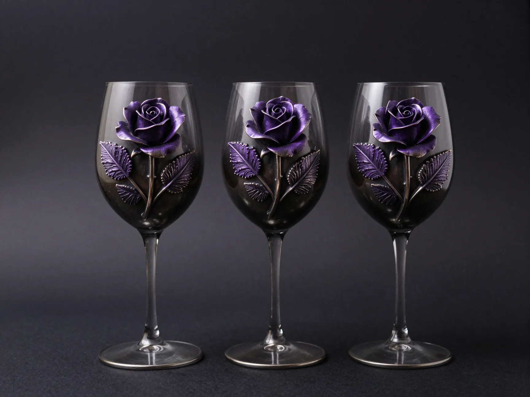 Gothic wine glass set with hand sculpted pewter roses and purple leaves