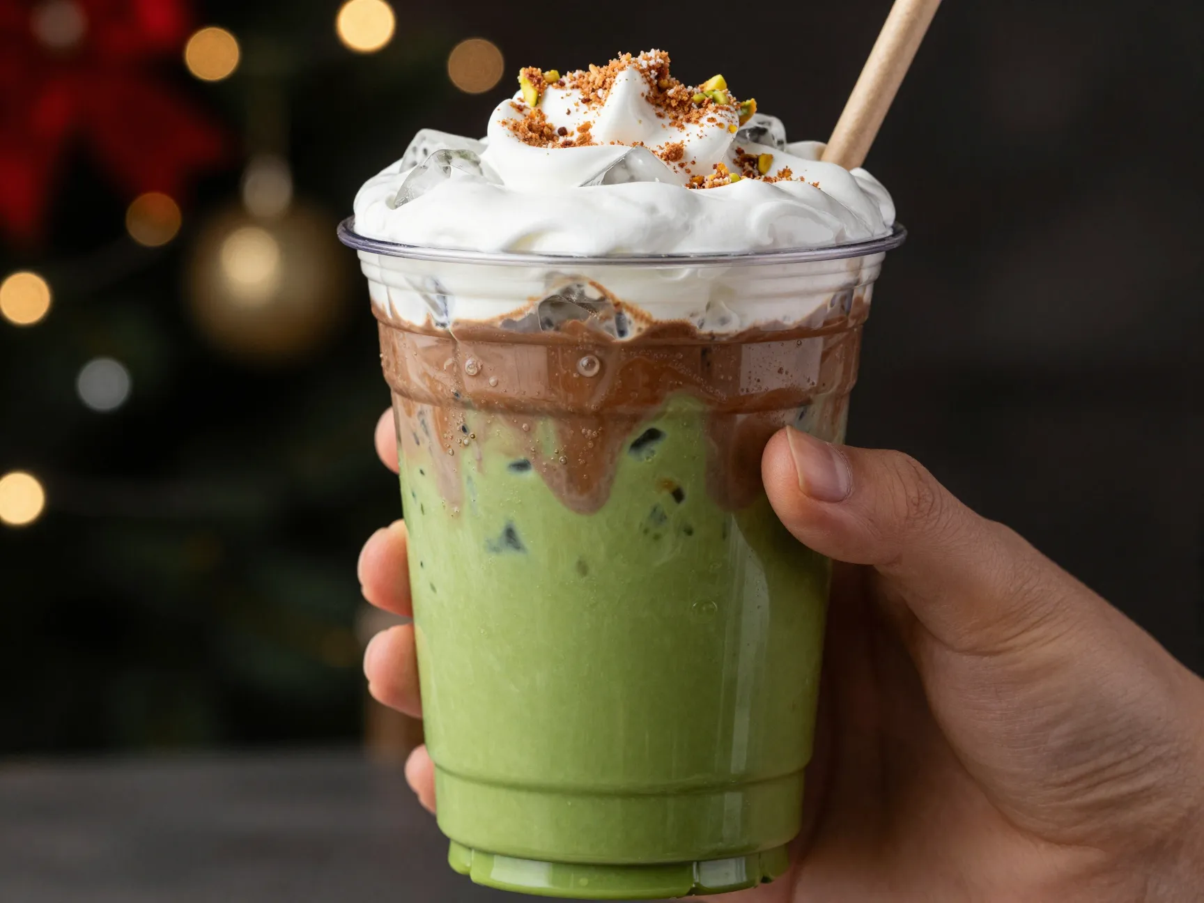 Iced dubai chocolate matcha layered cold foam