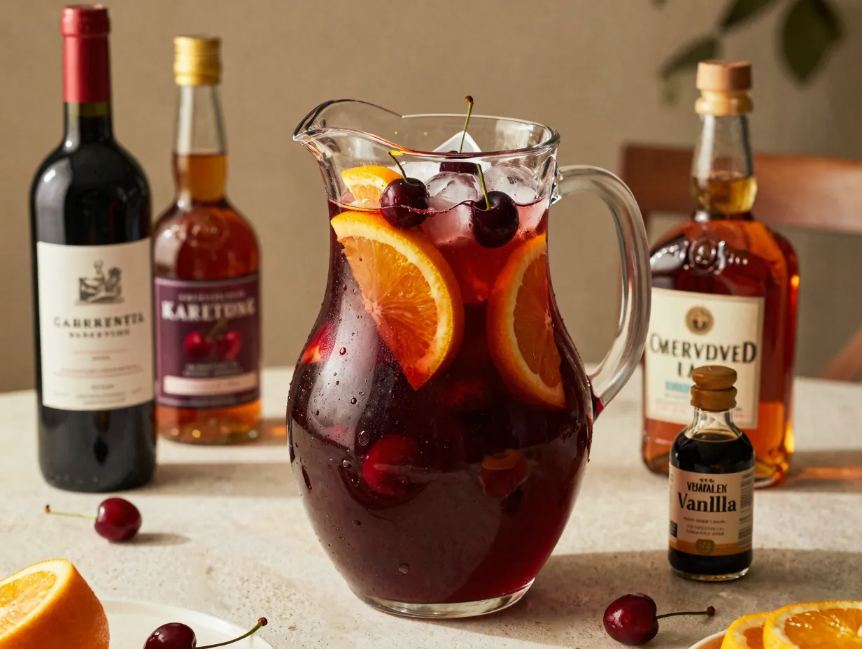 Large pitcher of bourbon vanilla cherry sangria with fresh fruit and ice