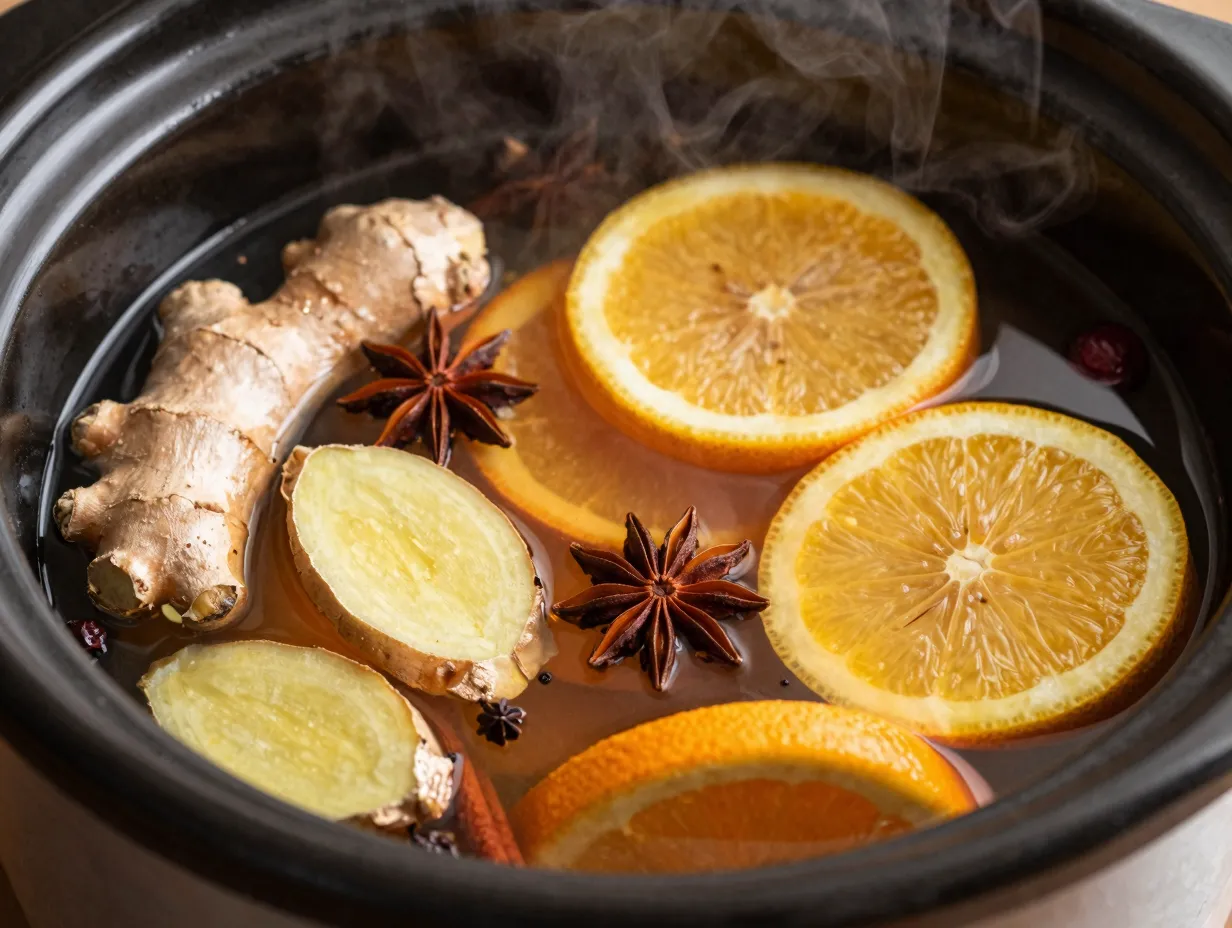 Mulled apple cider with fresh ginger star anise and citrus slices