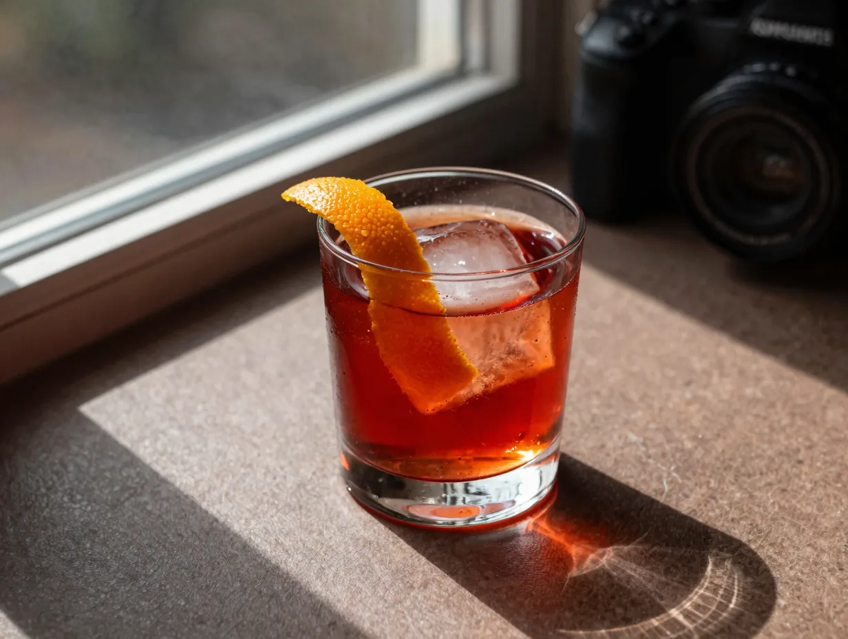 Ruby red negroni cocktail lit by natural side window light shadow depth
