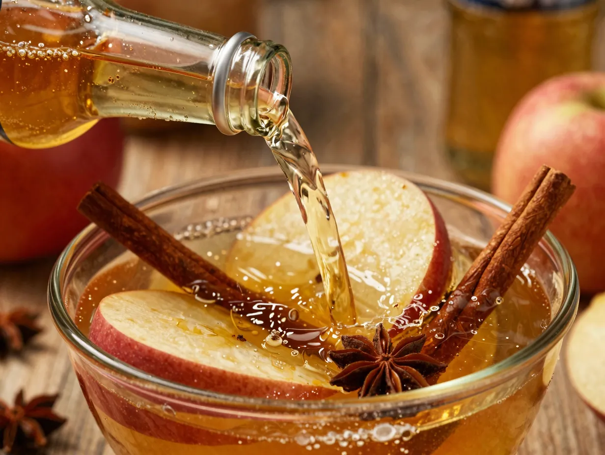 Spiced apple cider prosecco ginger beer punch with cinnamon garnish