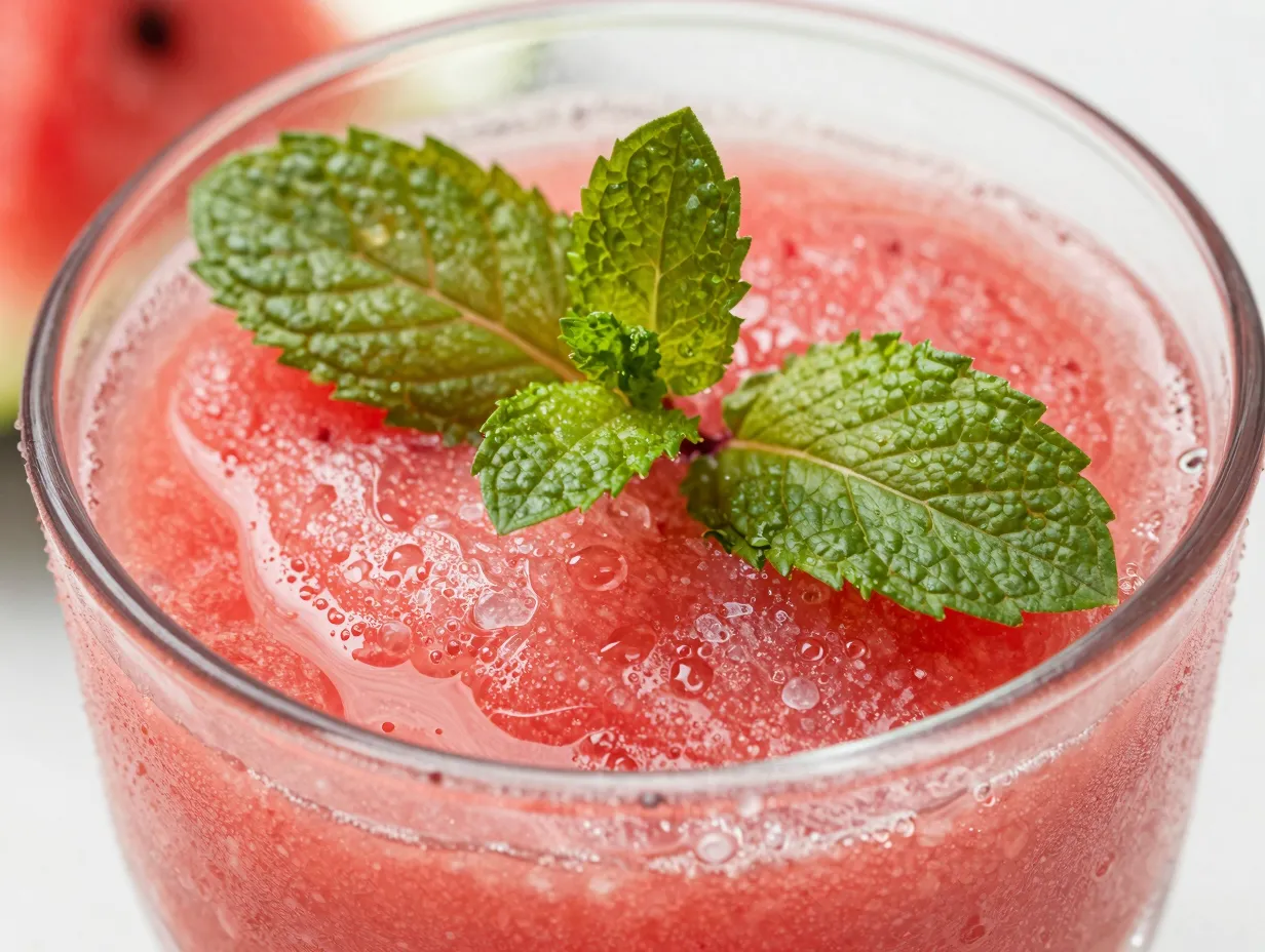 Watermelon mint slushie vibrant pink with fresh mint leaves