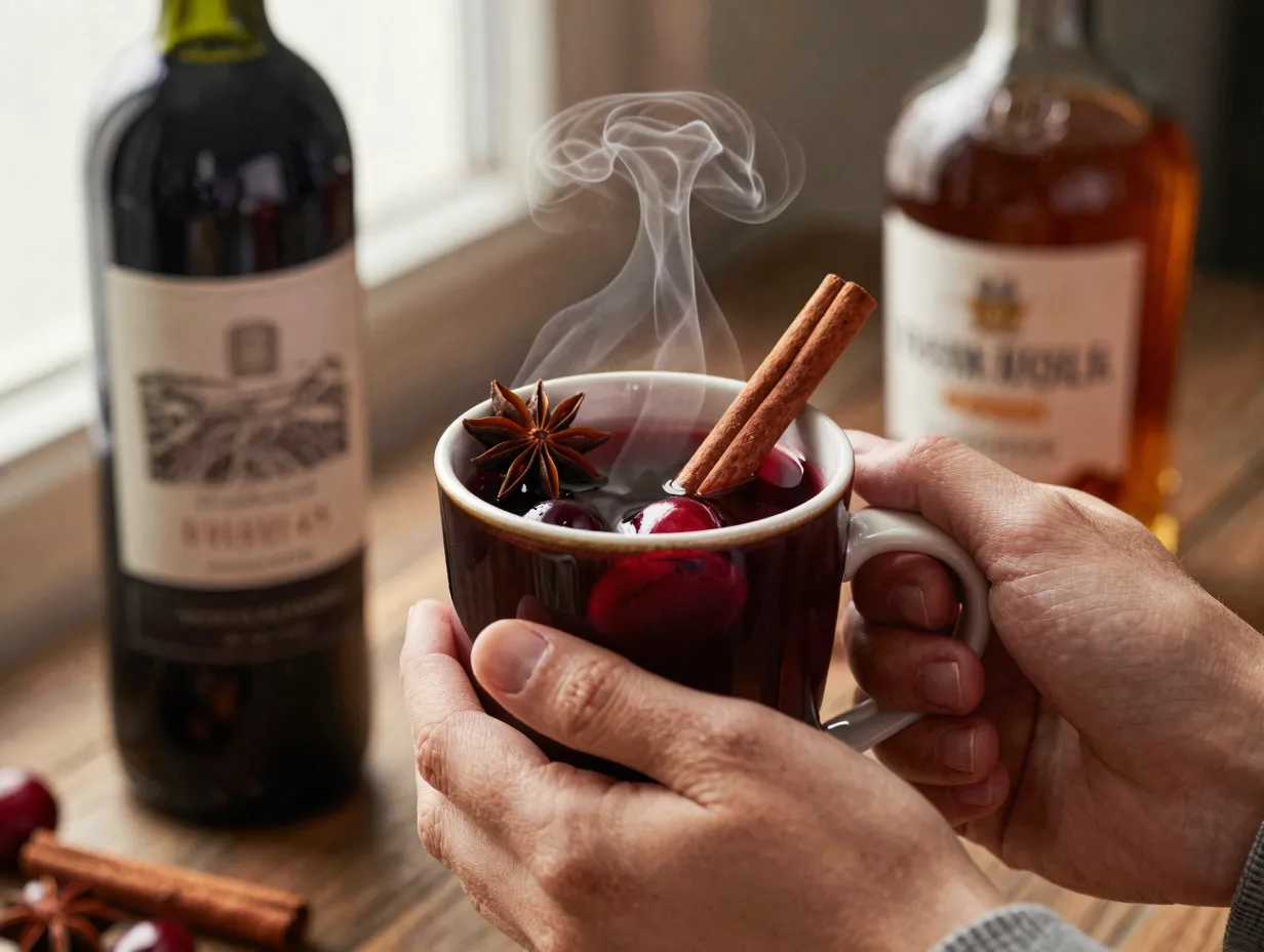 Hot mug of spiced red wine and bourbon cocktail with star anise and cinnamon