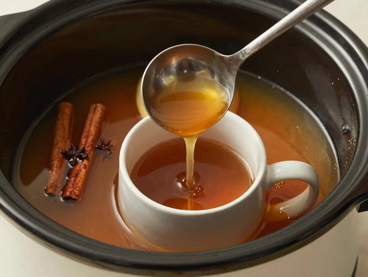 Lighter caramel apple cider in slow cooker with sugar free syrup