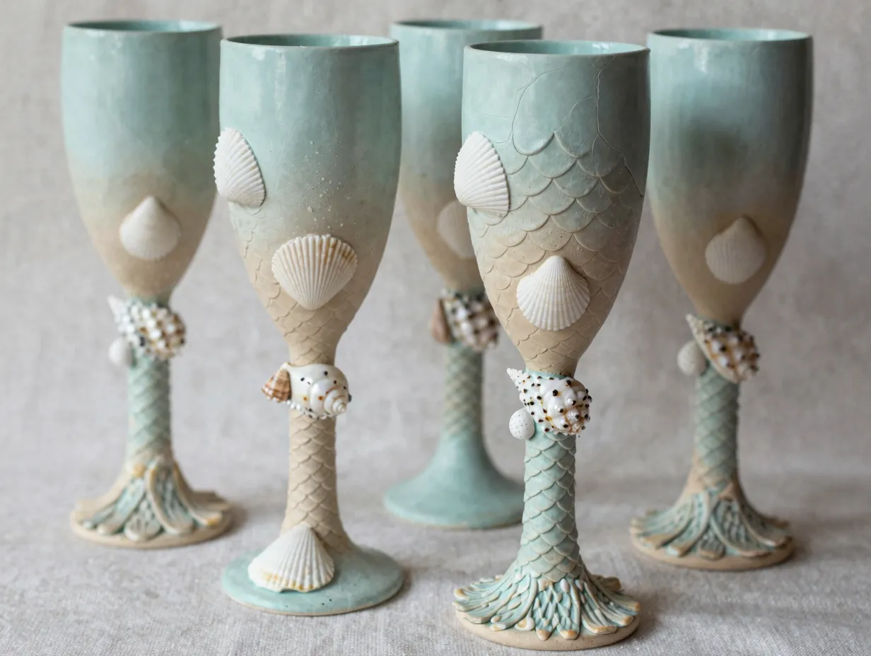 Mermaid champagne flutes with sculpted clay and real seashell details