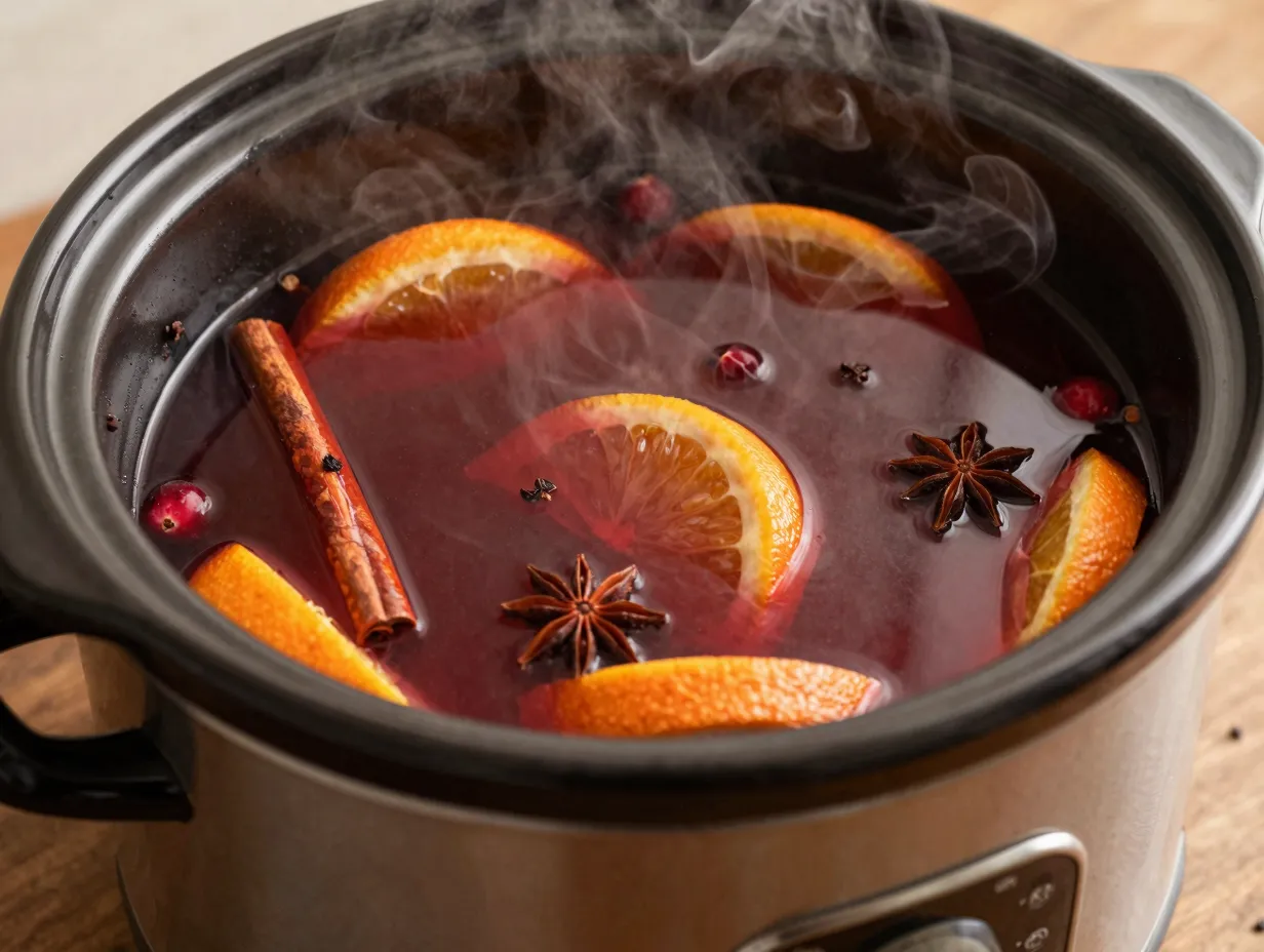 Warm spiced cranberry cider punch simmering in a slow cooker