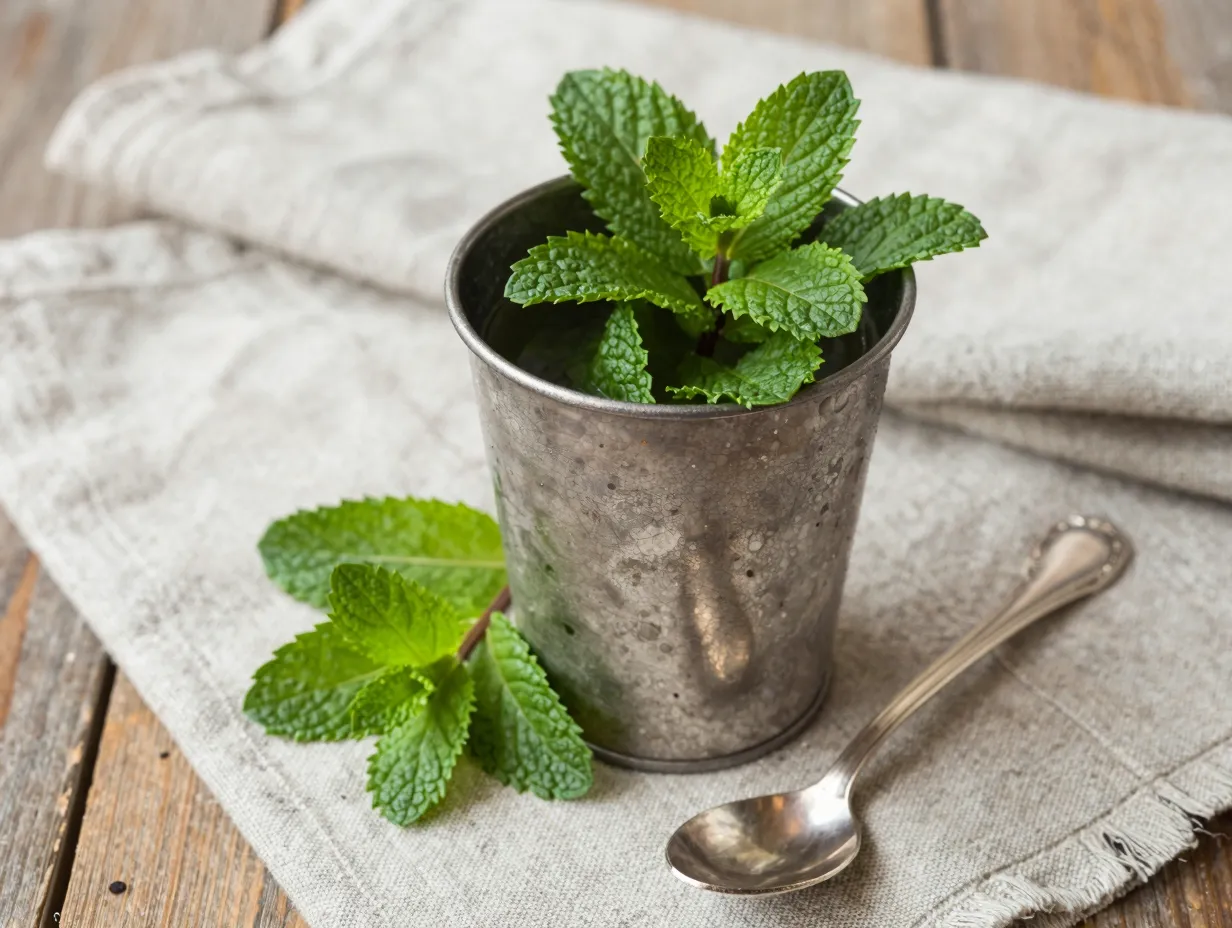 Mint julep cocktail with fresh mint and silver spoon props on linen
