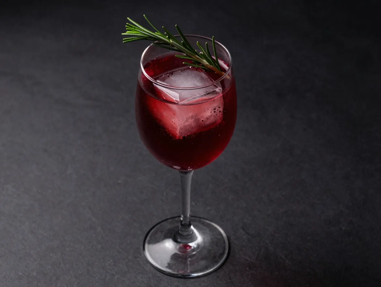 Rudolph spritz with pomegranate liqueur and rosemary garnish