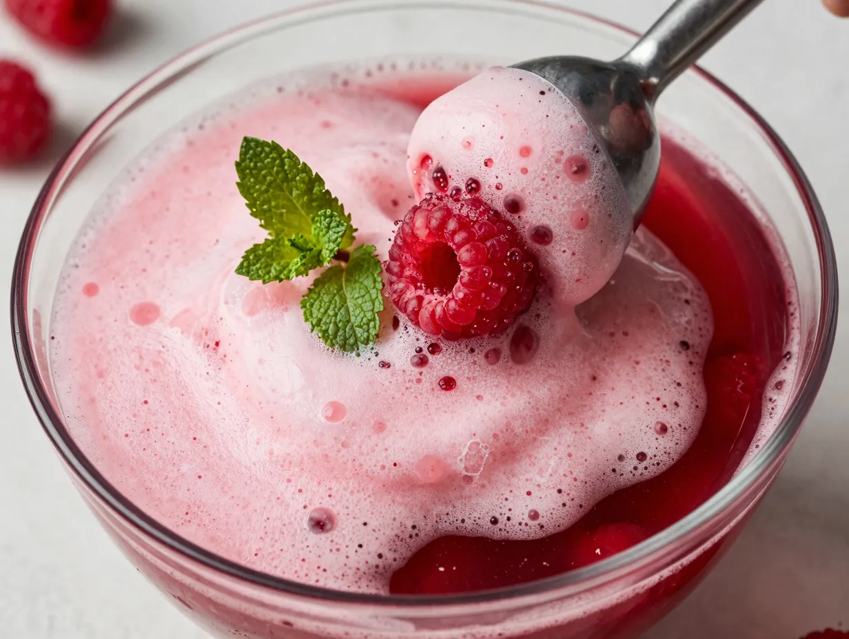 Sparkling cranberry ginger ale punch with melting raspberry sherbet foam
